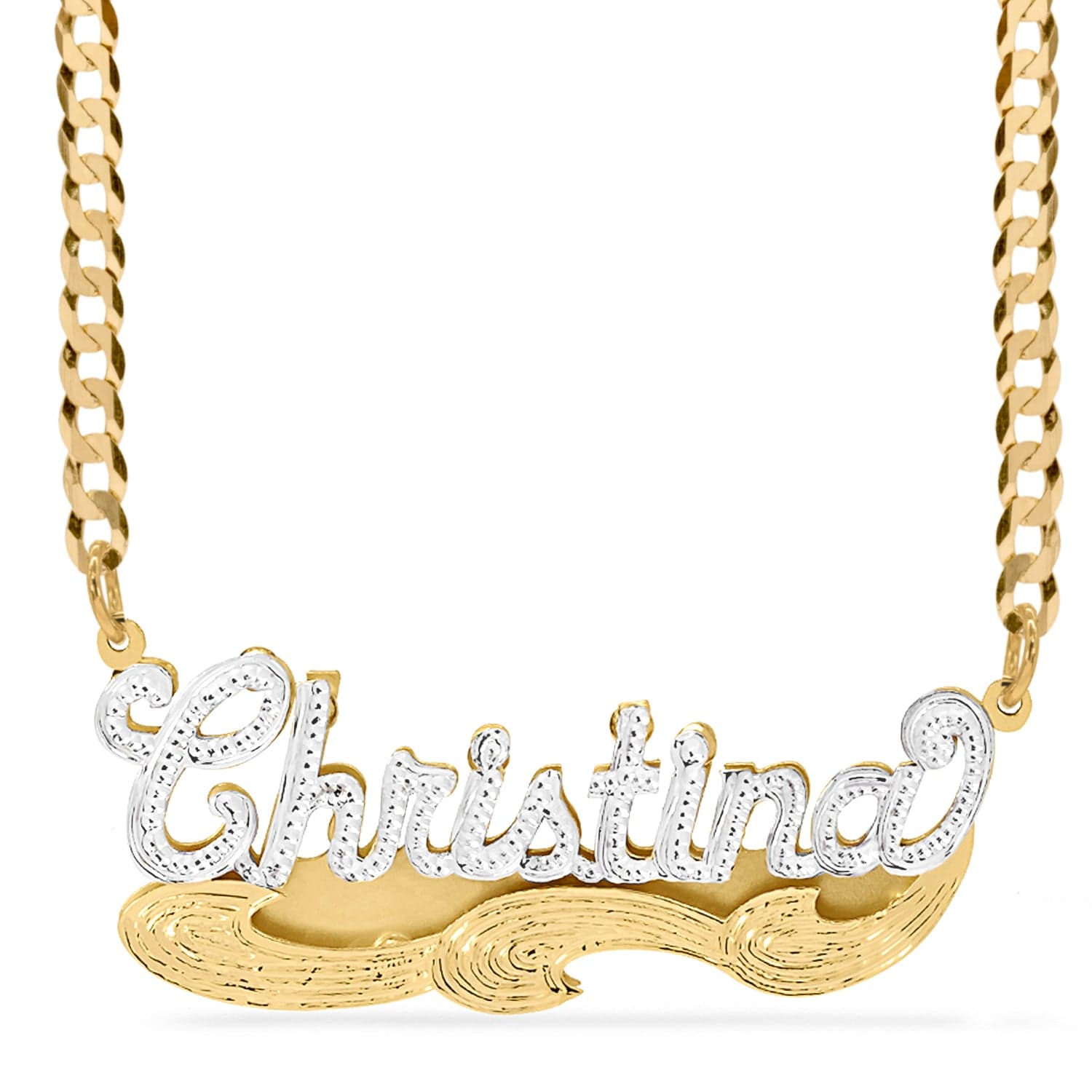 Two-Tone. Sterling Silver / Cuban Chain Double Name Necklace w/Beading "Christina" with Cuban chain