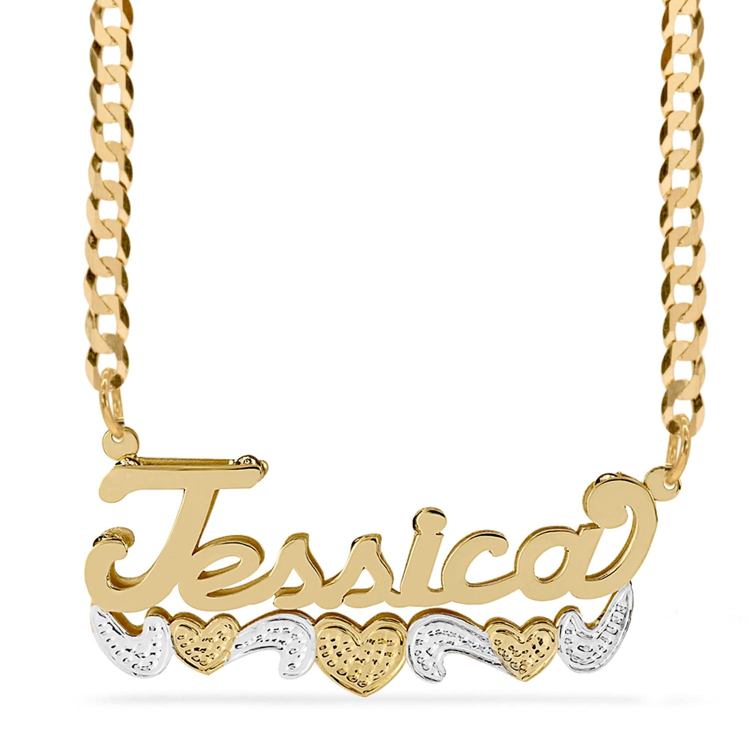 Two-Tone. Sterling Silver / Cuban Chain Double Name Necklace w/Beading-Rhodium with Cuban chain