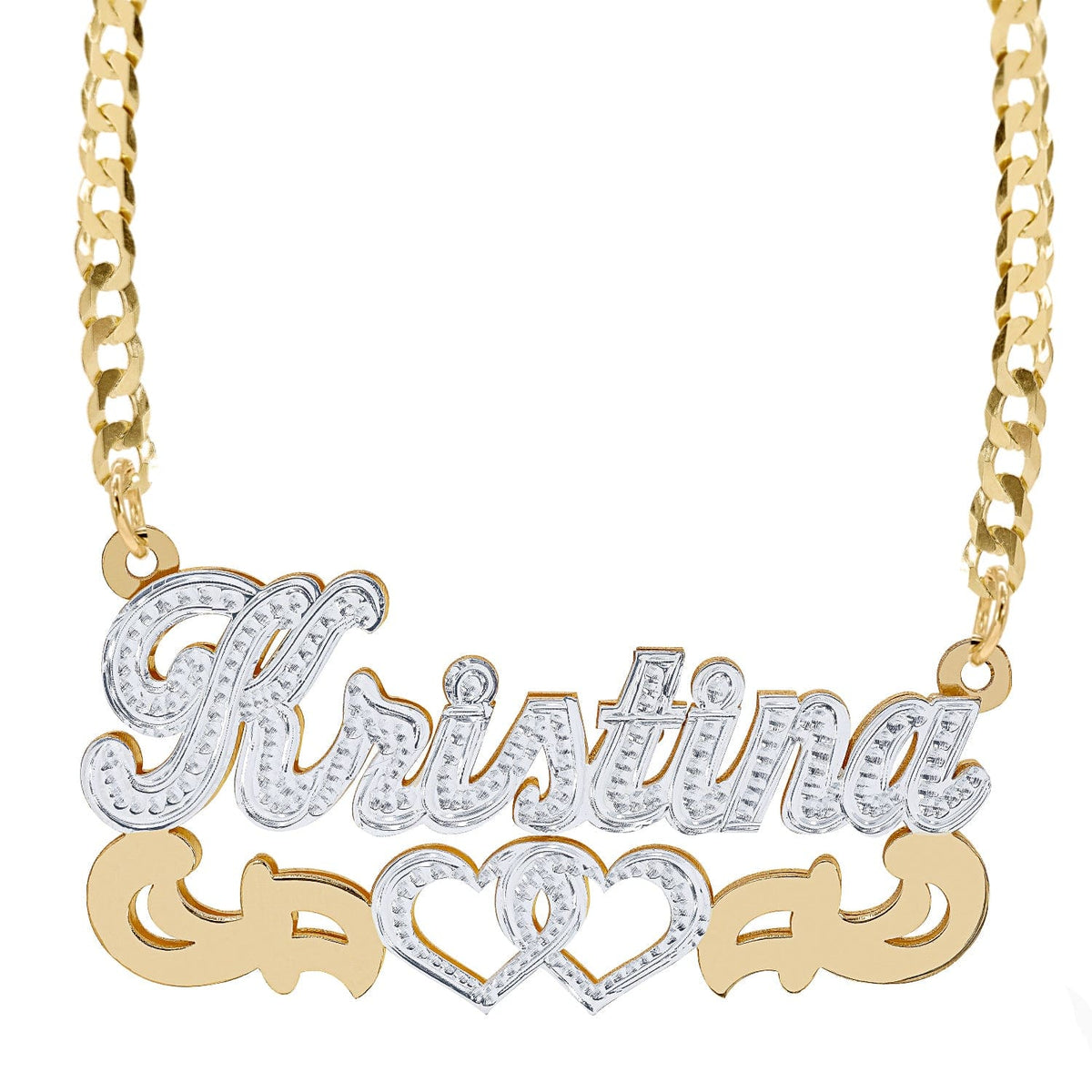 Two-Tone. Sterling Silver / Cuban Chain Double Nameplate Necklace &quot;Kristina&quot; with Cuban chain