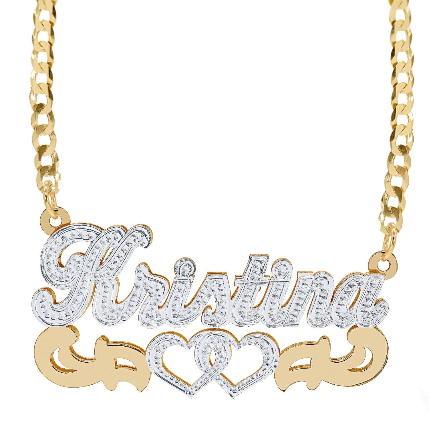 Two-Tone. Sterling Silver / Cuban Chain Double Nameplate Necklace "Kristina" with Cuban chain