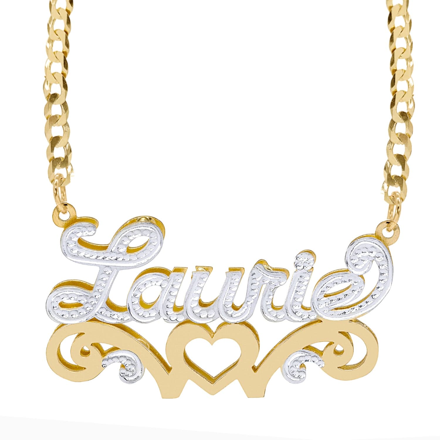 Two-Tone Sterling Silver / Cuban Chain Double Nameplate Necklace w/ Love Heart "Laurie"