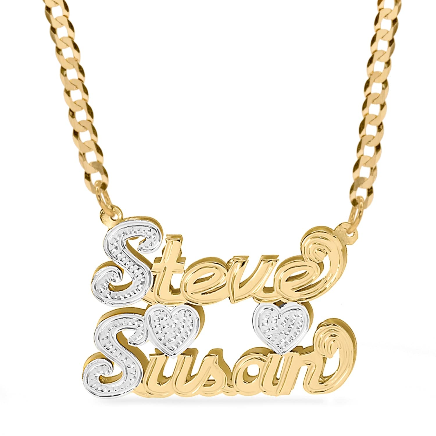 Two-Tone. Sterling Silver / Cuban Chain Double Plated Couples Name Necklace with Cuban chain