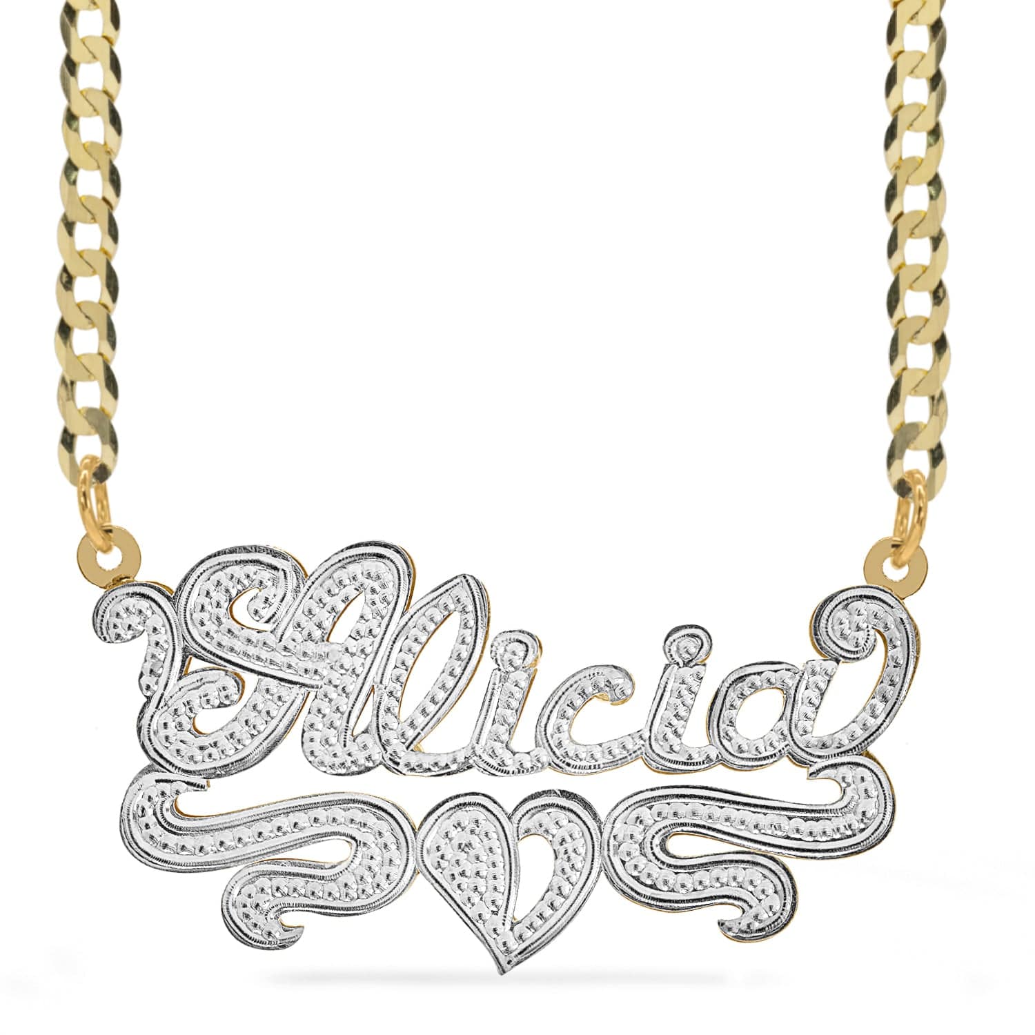 Two-Tone. Sterling Silver / Cuban Chain Double Plated Name Necklace "Alicia" with Cuban chain