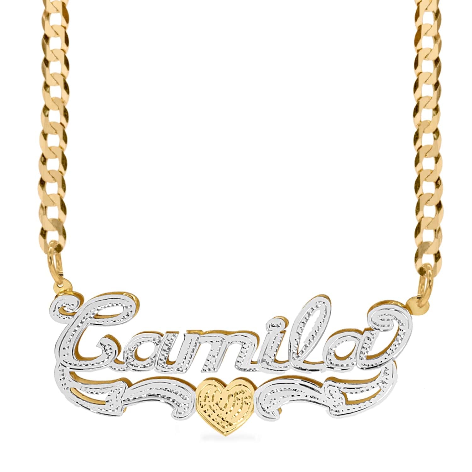 Two-Tone. Sterling Silver / Cuban Chain Double Plated Name Necklace "Camila" with Cuban chain
