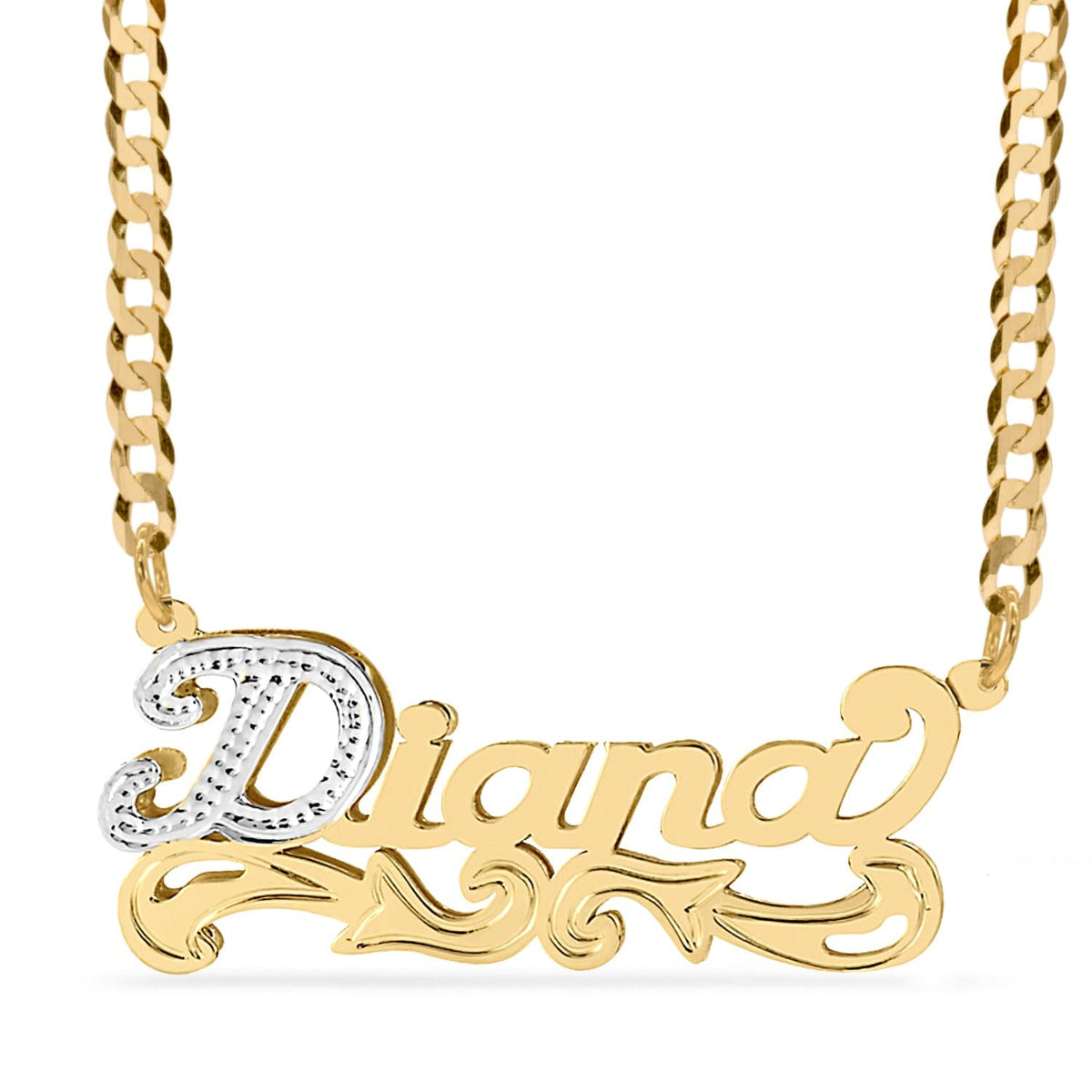 Two-Tone Sterling Silver / Cuban Chain Double Plated Nameplate Necklace &quot;Diana&quot;