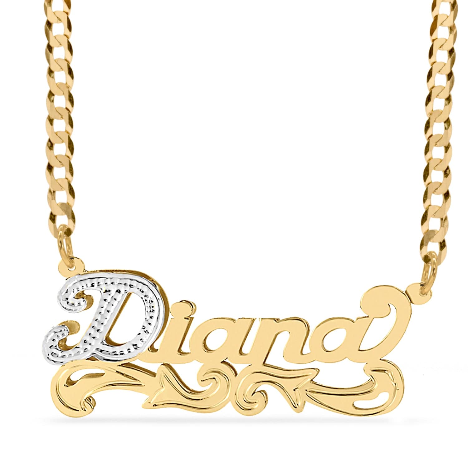 Two-Tone. Sterling Silver / Cuban Chain Double Plated Nameplate Necklace "Diana" with Cuban chain