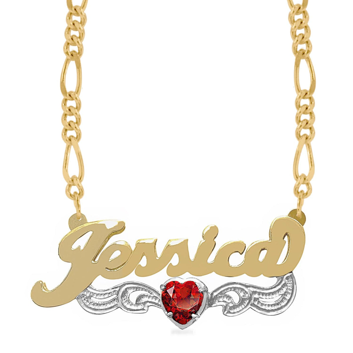 Two-Tone. Sterling Silver / Figaro chain Birthstone Heart Rhodium Beaded &quot;Double&quot; Nameplate