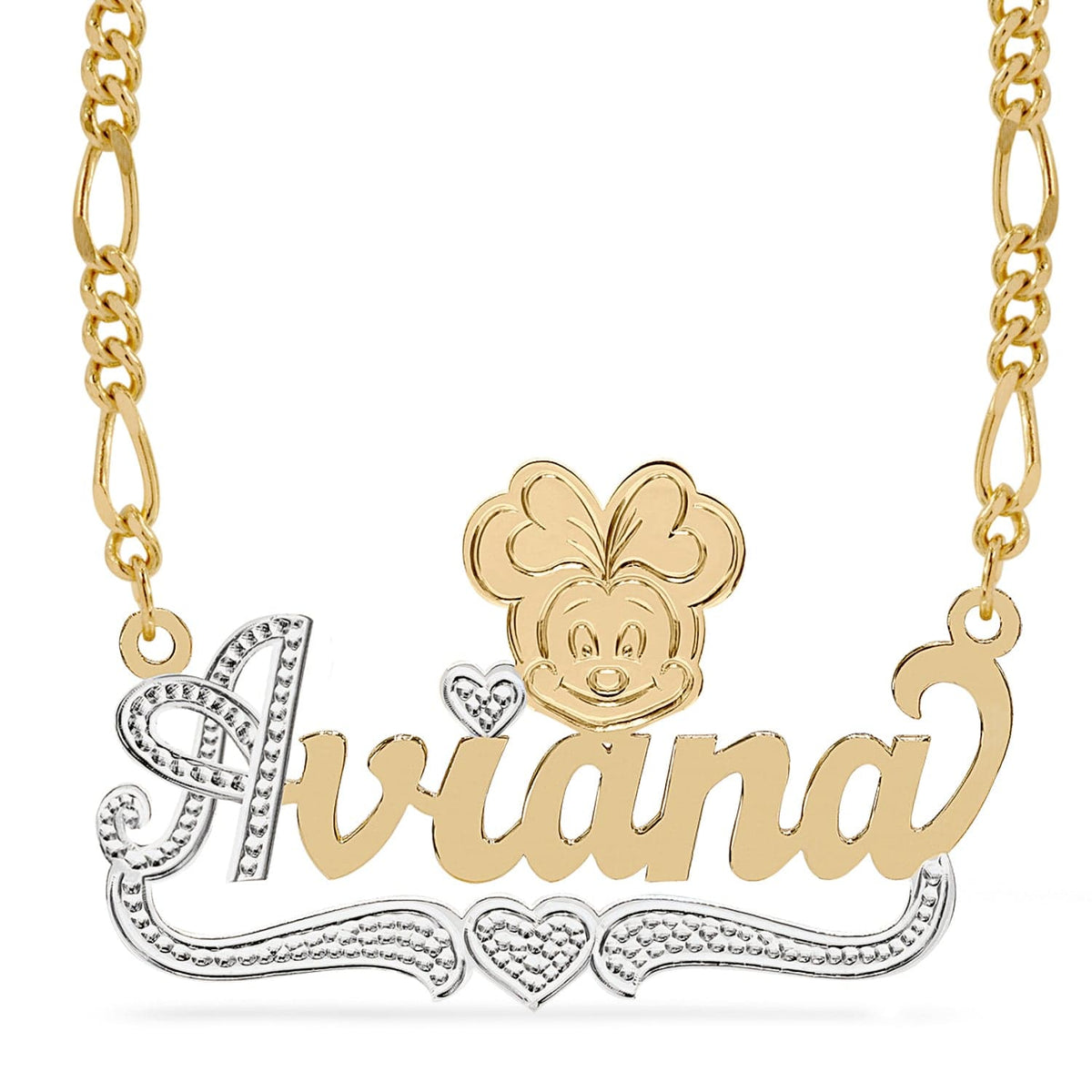 Two-Tone Sterling Silver / Figaro Chain Cartoon Nameplate Necklace &quot;Aviana&quot;