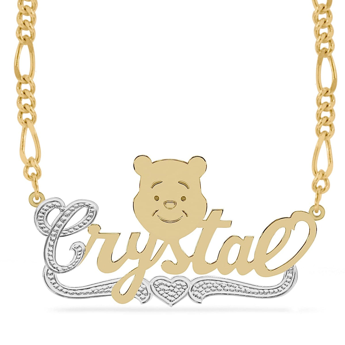 Two-Tone Sterling Silver / Figaro Chain Cartoon Nameplate Necklace &quot;Crystal&quot;