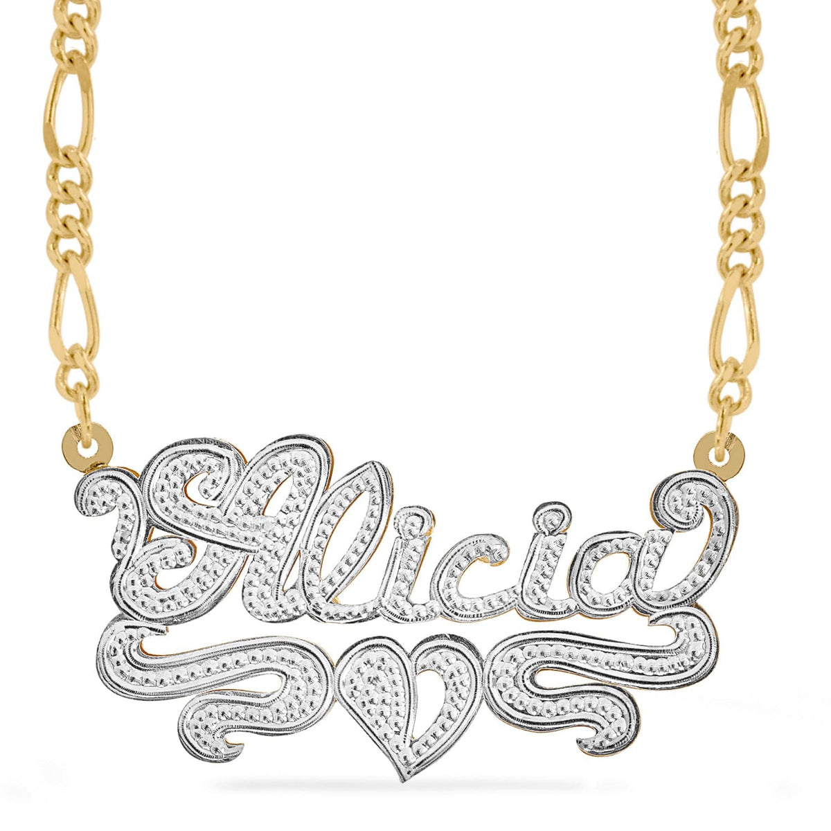 Two-Tone. Sterling Silver / Figaro chain Copy of Custom Double Plated Name Necklace &quot;Alicia&quot;