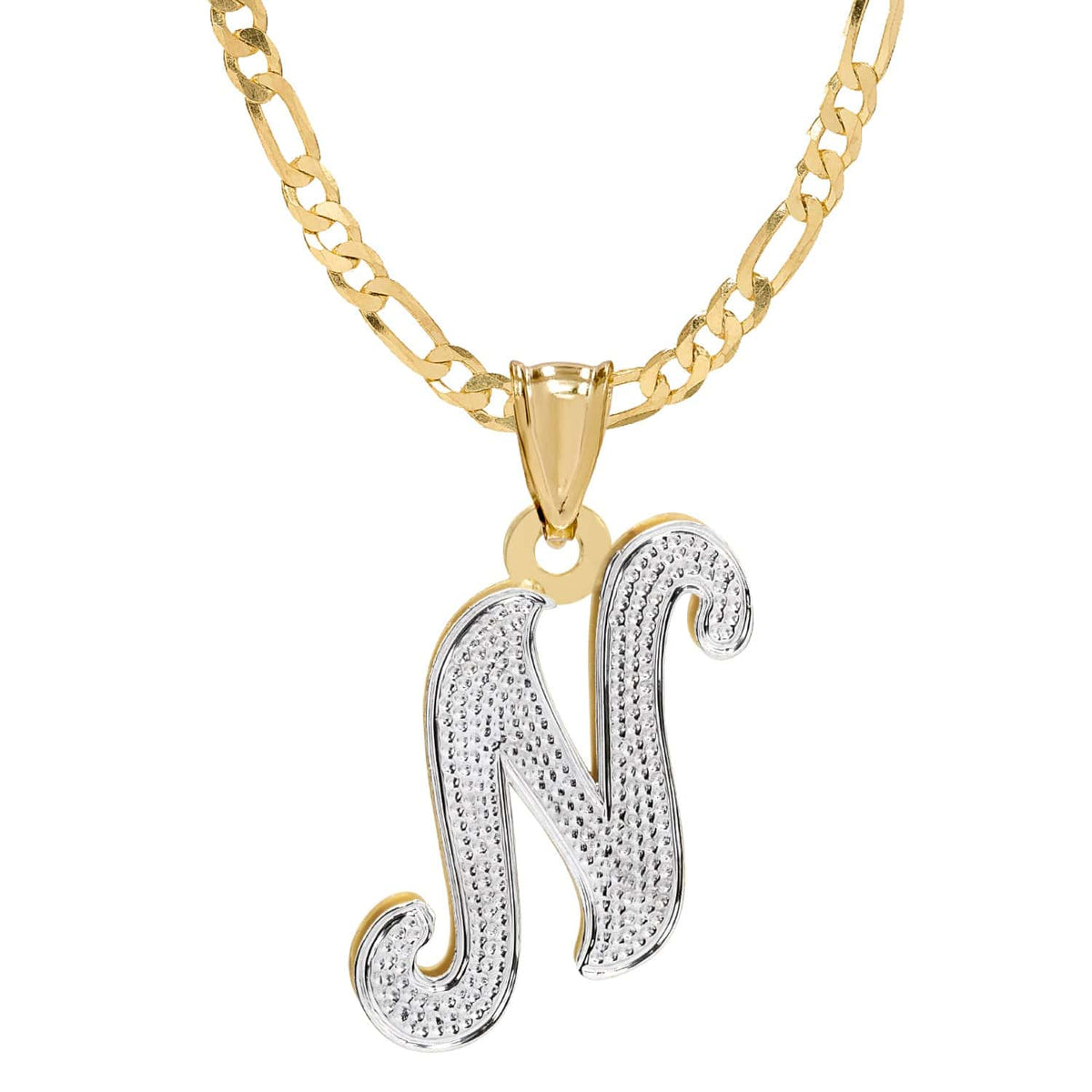 Two-Tone. Sterling Silver / Figaro chain Copy of Initial Necklace - Double Plated with Beaded Finish