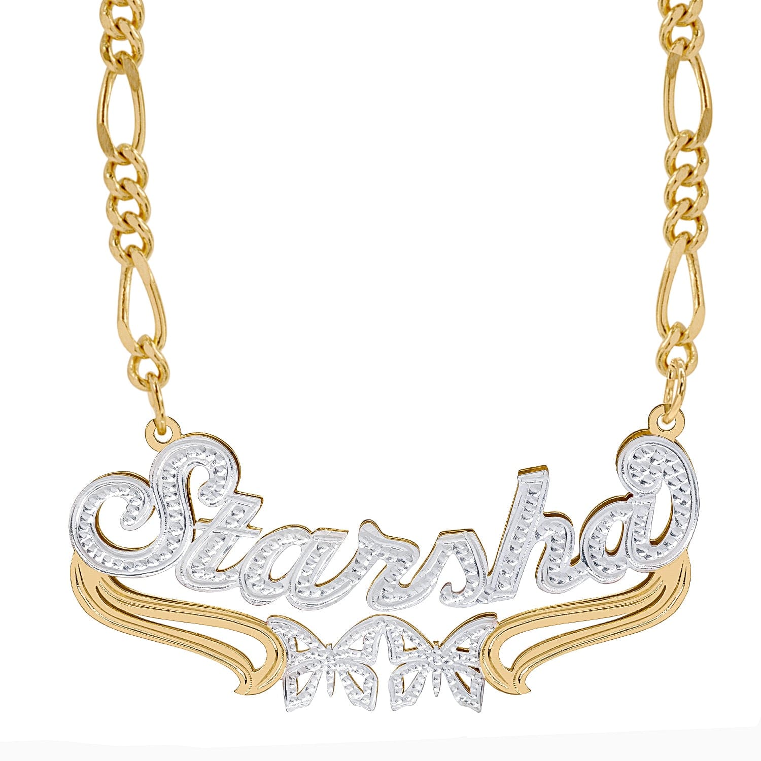 Two-Tone. Sterling Silver / Figaro chain Custom Double Plated Name Necklace "Starsha" with Figaro chain