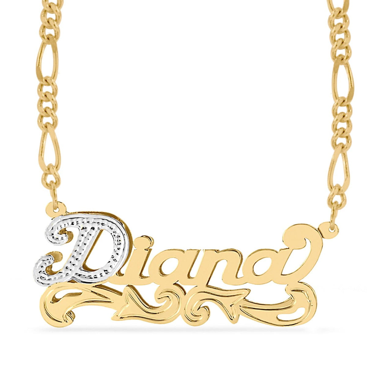 Two-Tone. Sterling Silver / Figaro Chain Double Name Necklace w/Beading-Rhodium