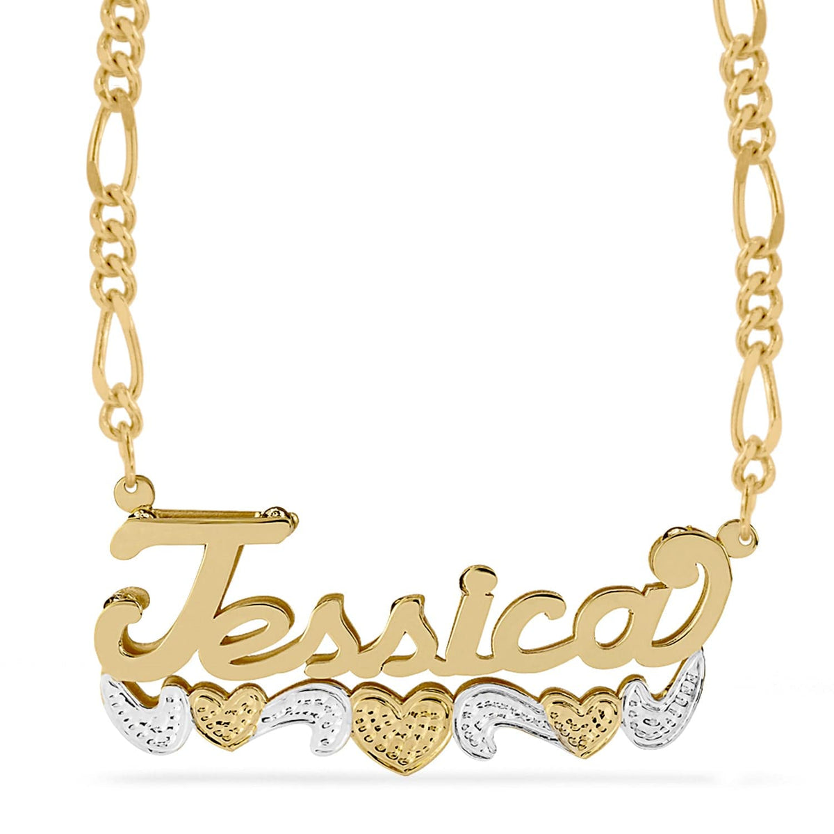 Two-Tone. Sterling Silver / Figaro Chain Double Name Necklace w/Beading-Rhodium with Figaro chain