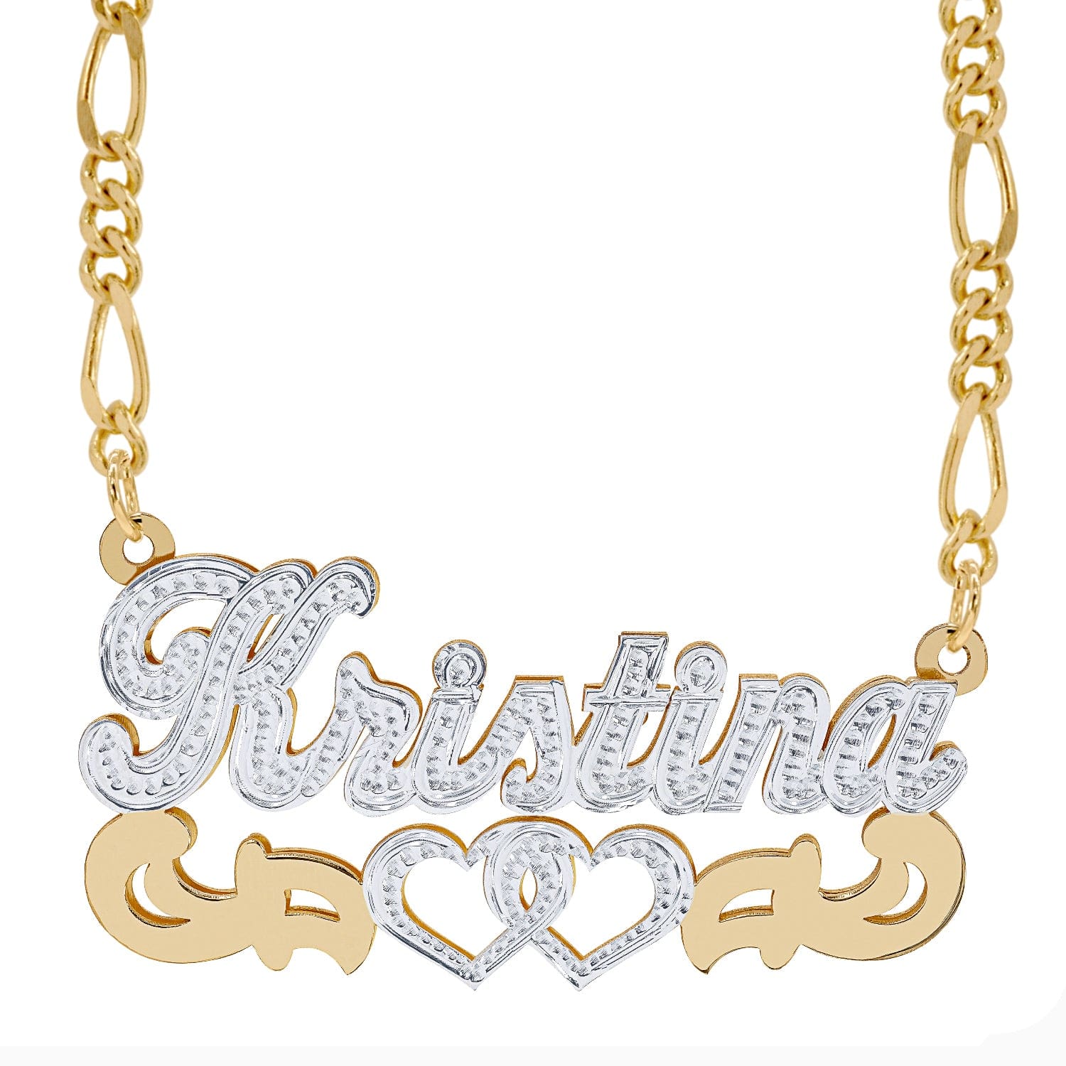 Two-Tone. Sterling Silver / Figaro chain Double Nameplate Necklace "Kristina" with Figaro chain