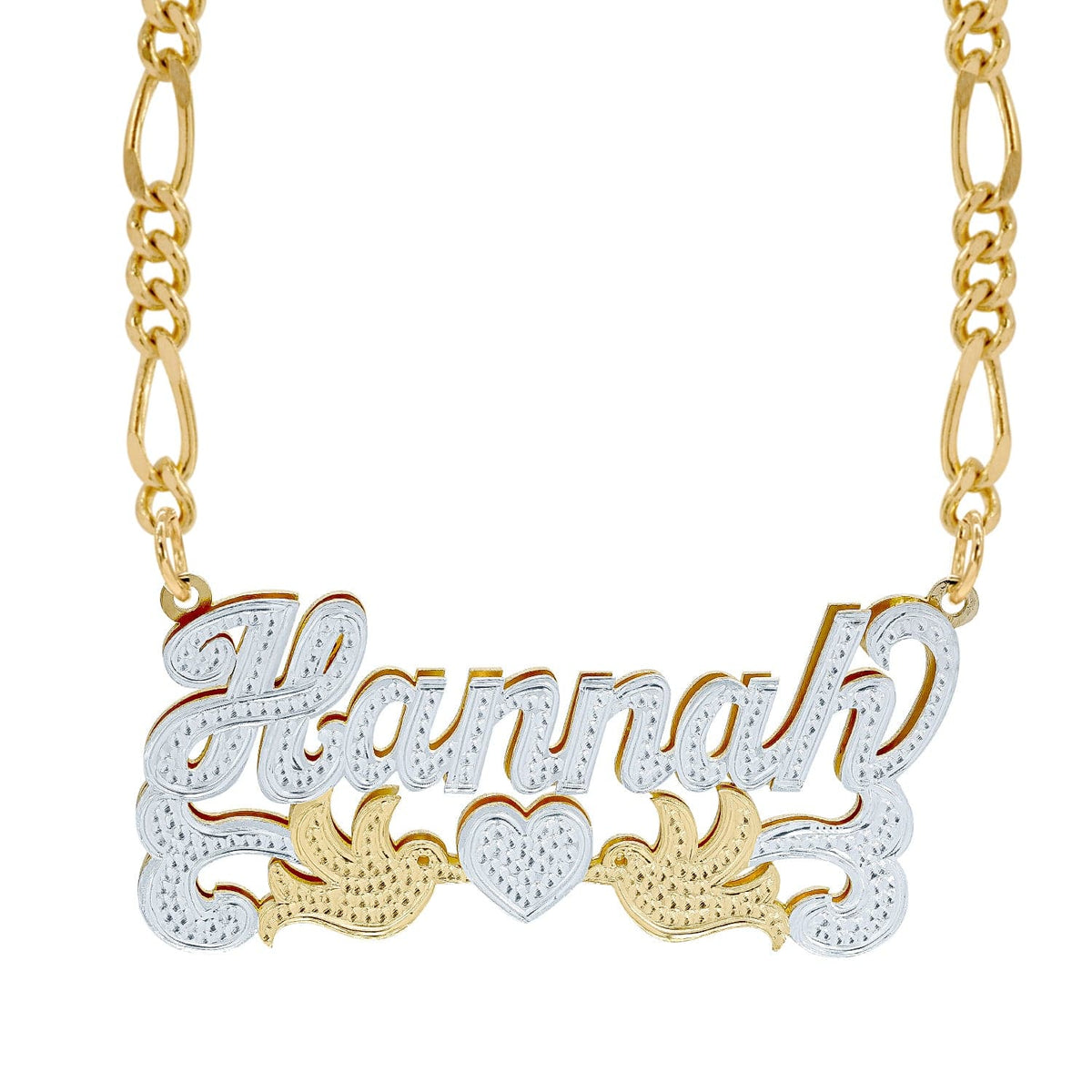 Two-Tone. Sterling Silver / Figaro chain Double Nameplate Necklace w/ Love Birds and Centered Heart