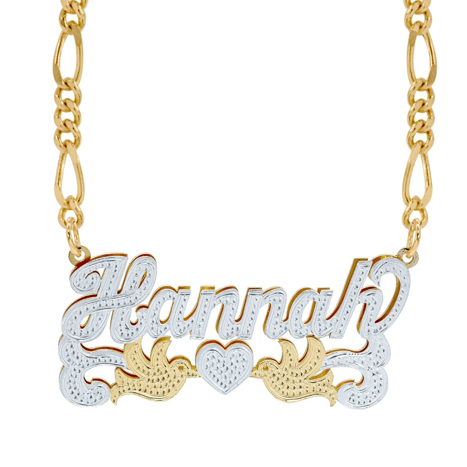 Two-Tone. Sterling Silver / Figaro chain Double Nameplate Necklace w/ Love Birds "Hannah" with Figaro chain