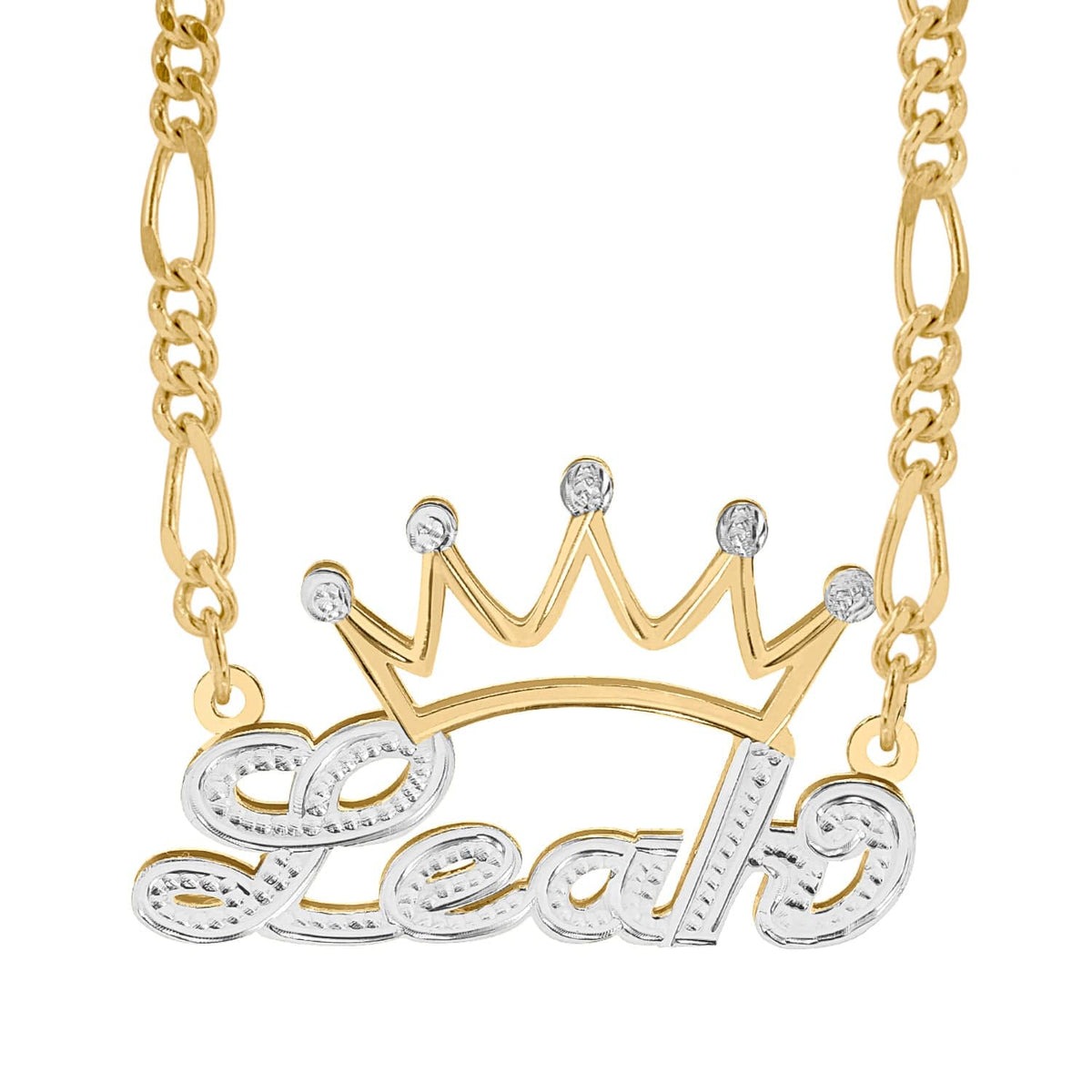 Two-Tone. Sterling Silver / Figaro Chain Double Nameplate Necklace with Crown &quot;Leah&quot; with Figaro chain