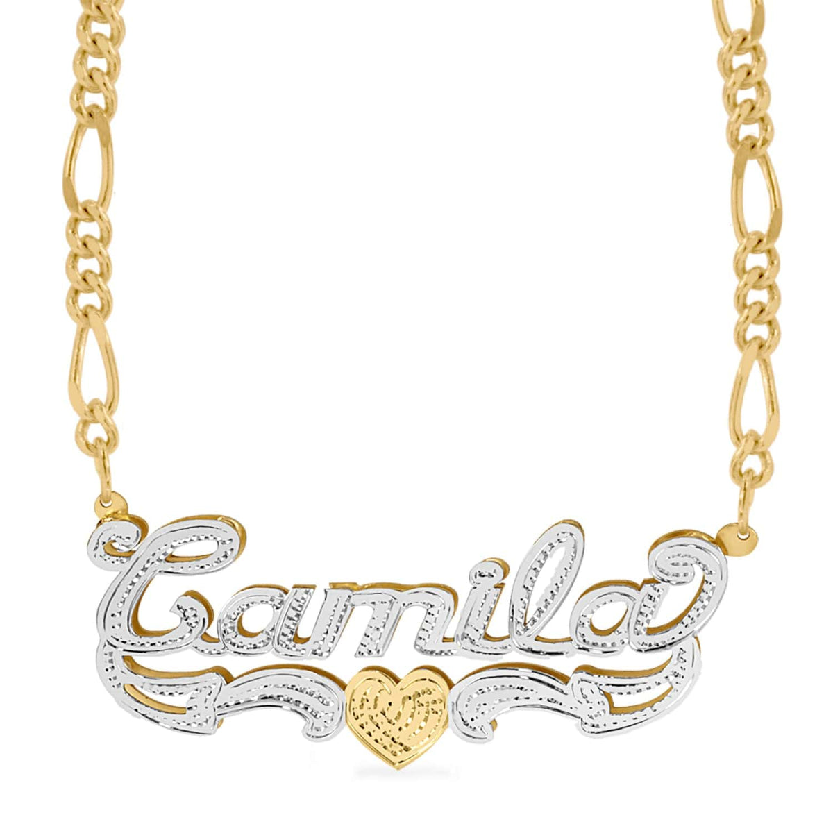 Two-Tone. Sterling Silver / Figaro Chain Double Plated Name Necklace &quot;Camila&quot; with Figaro chain