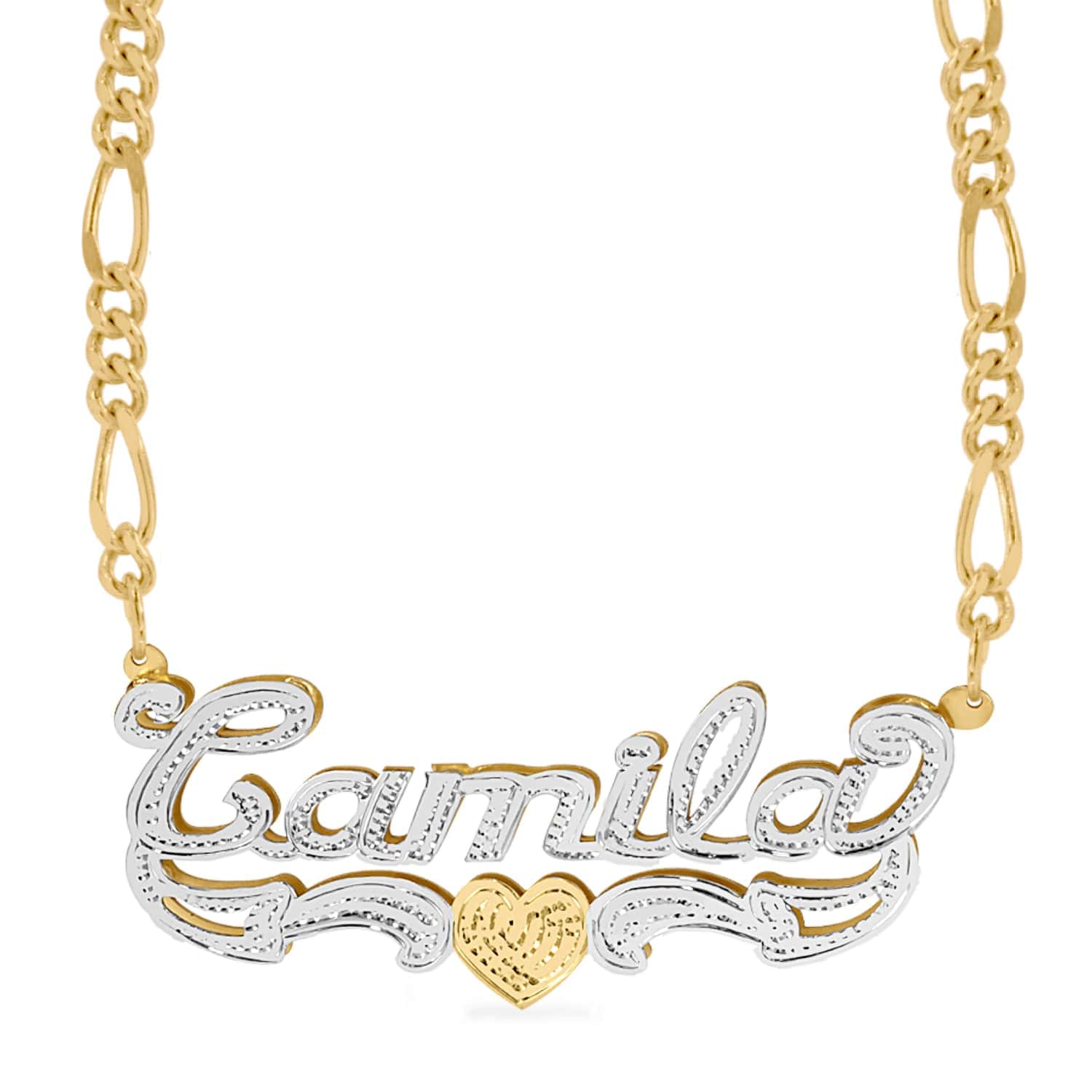 Two-Tone. Sterling Silver / Figaro Chain Double Plated Name Necklace "Camila" with Figaro chain