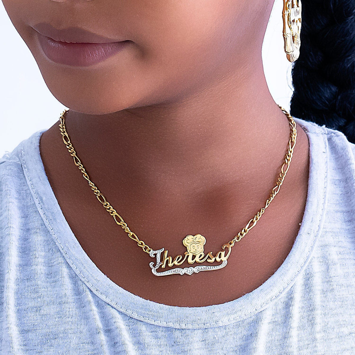 Two-Tone Sterling Silver / Figaro Chain Kid&#39;s Cartoon Nameplate Necklace