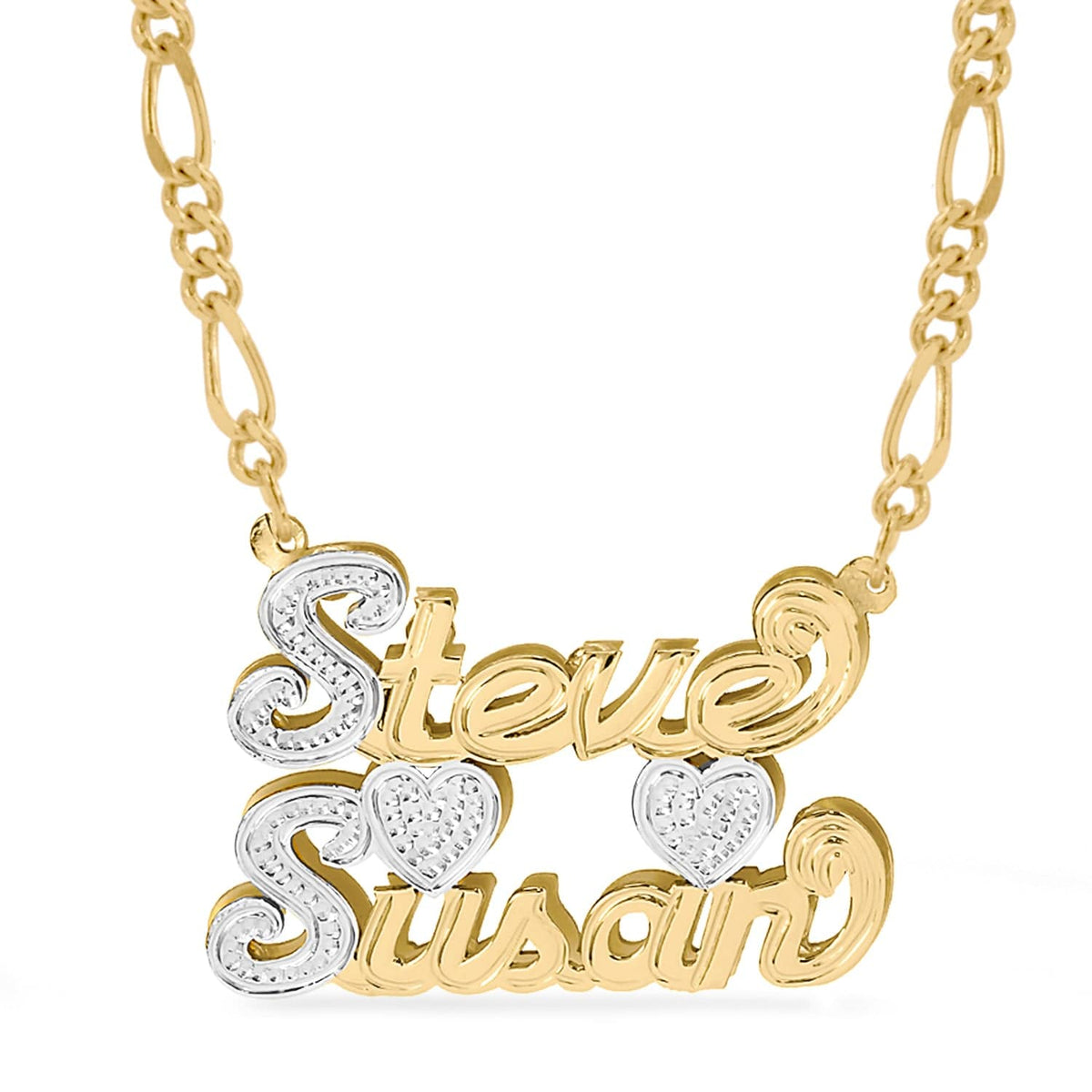 Two-Tone. Sterling Silver / Figaro Chain Two Names Double Name Necklace w/Beading-Rhodium