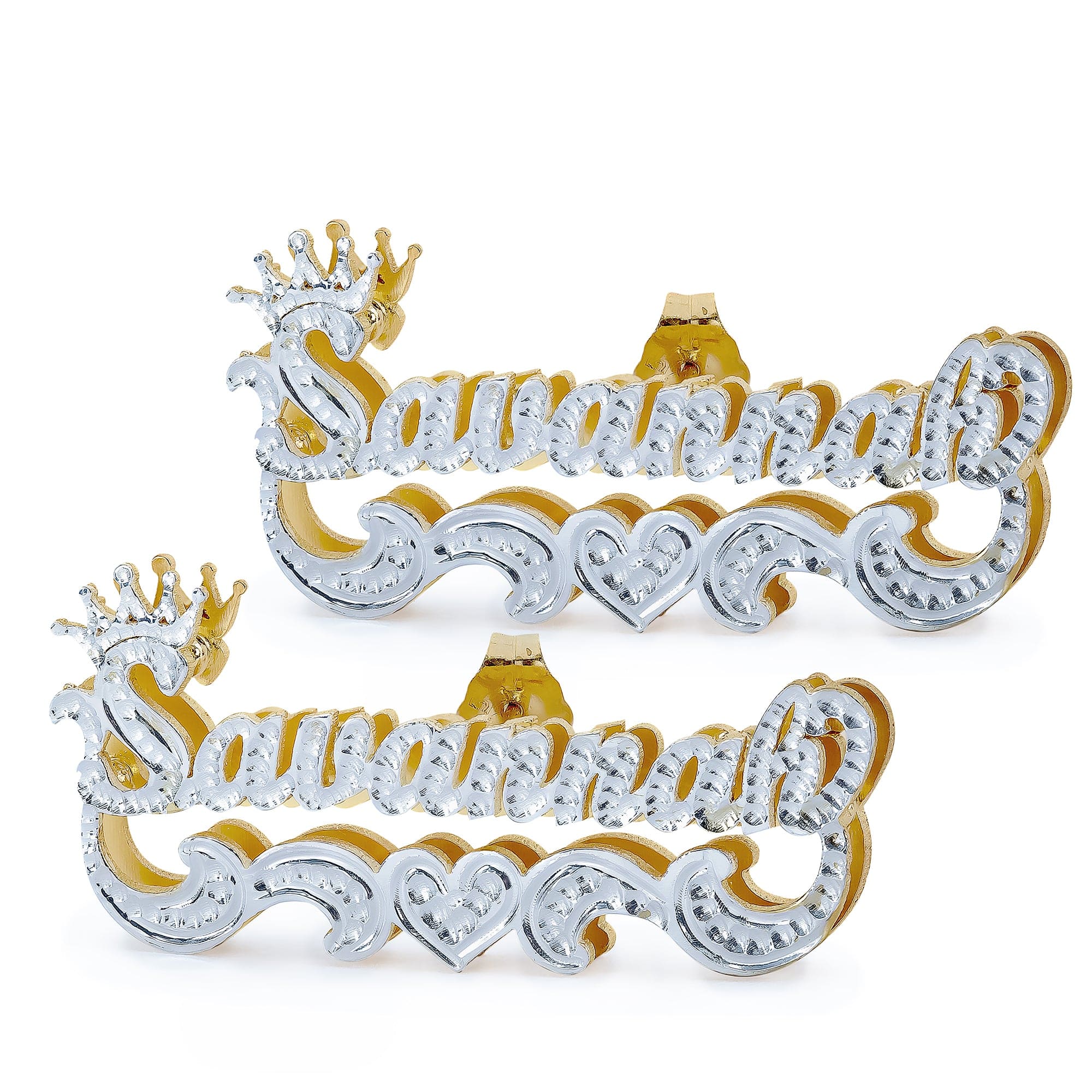Two-Tone. Sterling Silver Name Stud Earrings with Crown and Beaded Finish