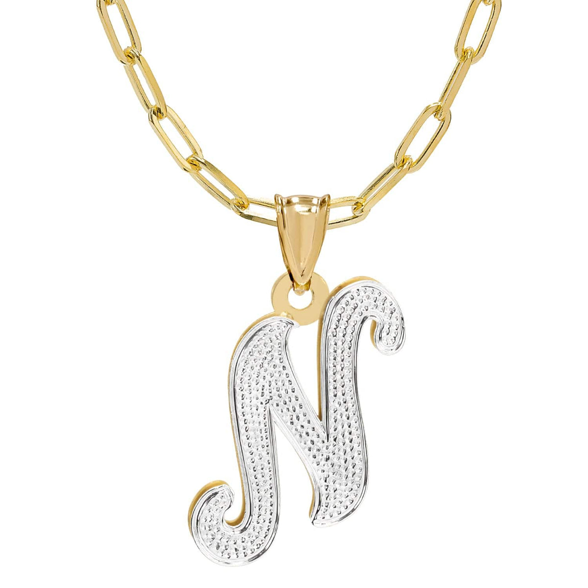 Two-Tone. Sterling Silver / Paper Clip Chain Initial Necklace - Double Plated with Beaded Finish