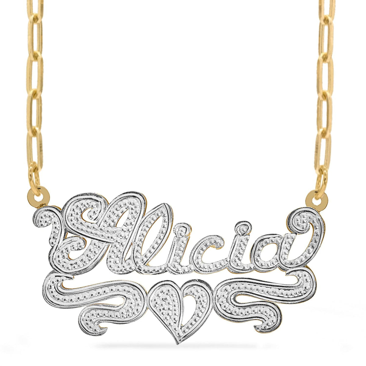 Two-Tone. Sterling Silver / Paper Clip Chain Rhodium Beaded &quot;Double&quot; Nameplate