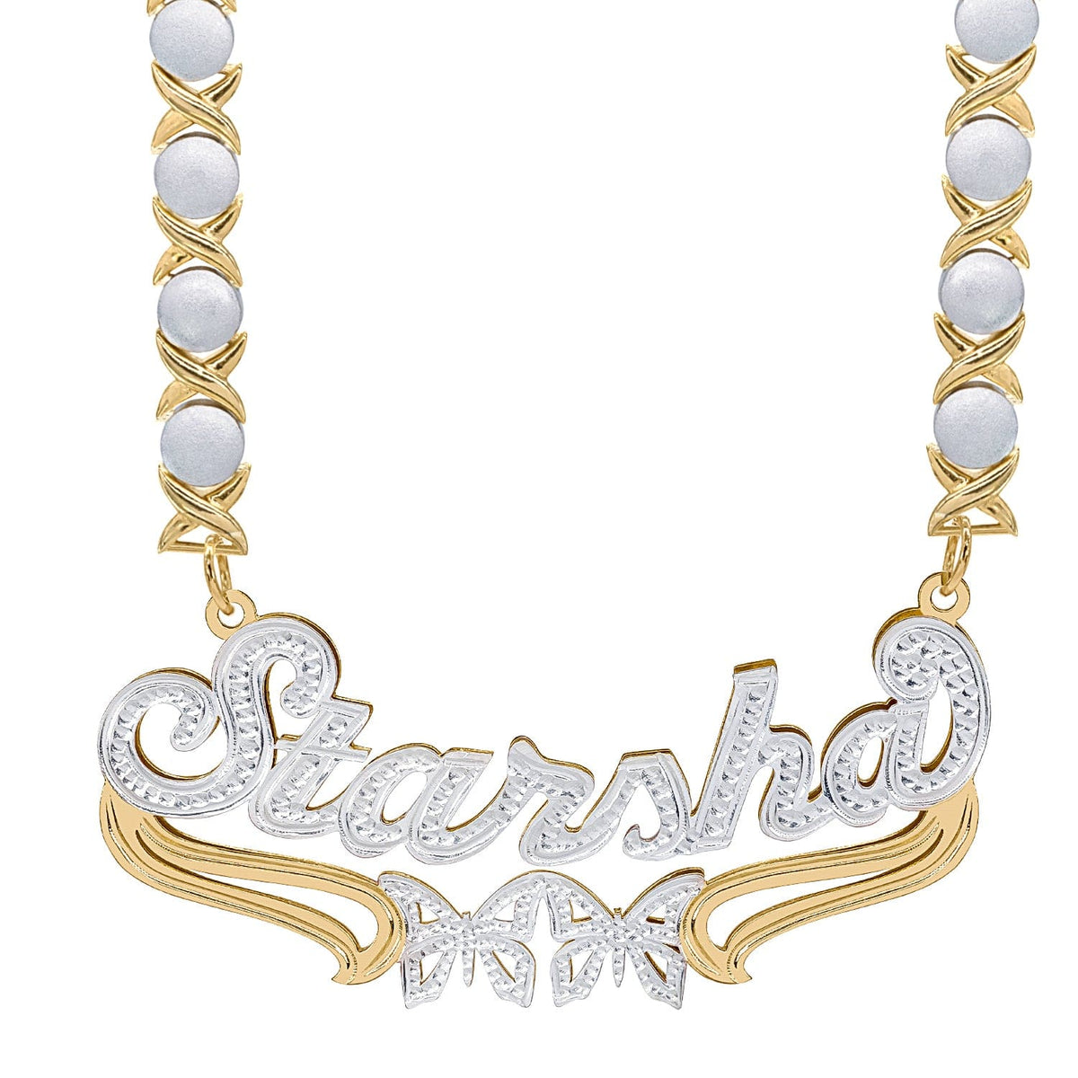 Two-Tone. Sterling Silver / Rhodium Xoxo Chain Copy of Custom Double Plated Name Necklace &quot;Alicia&quot;