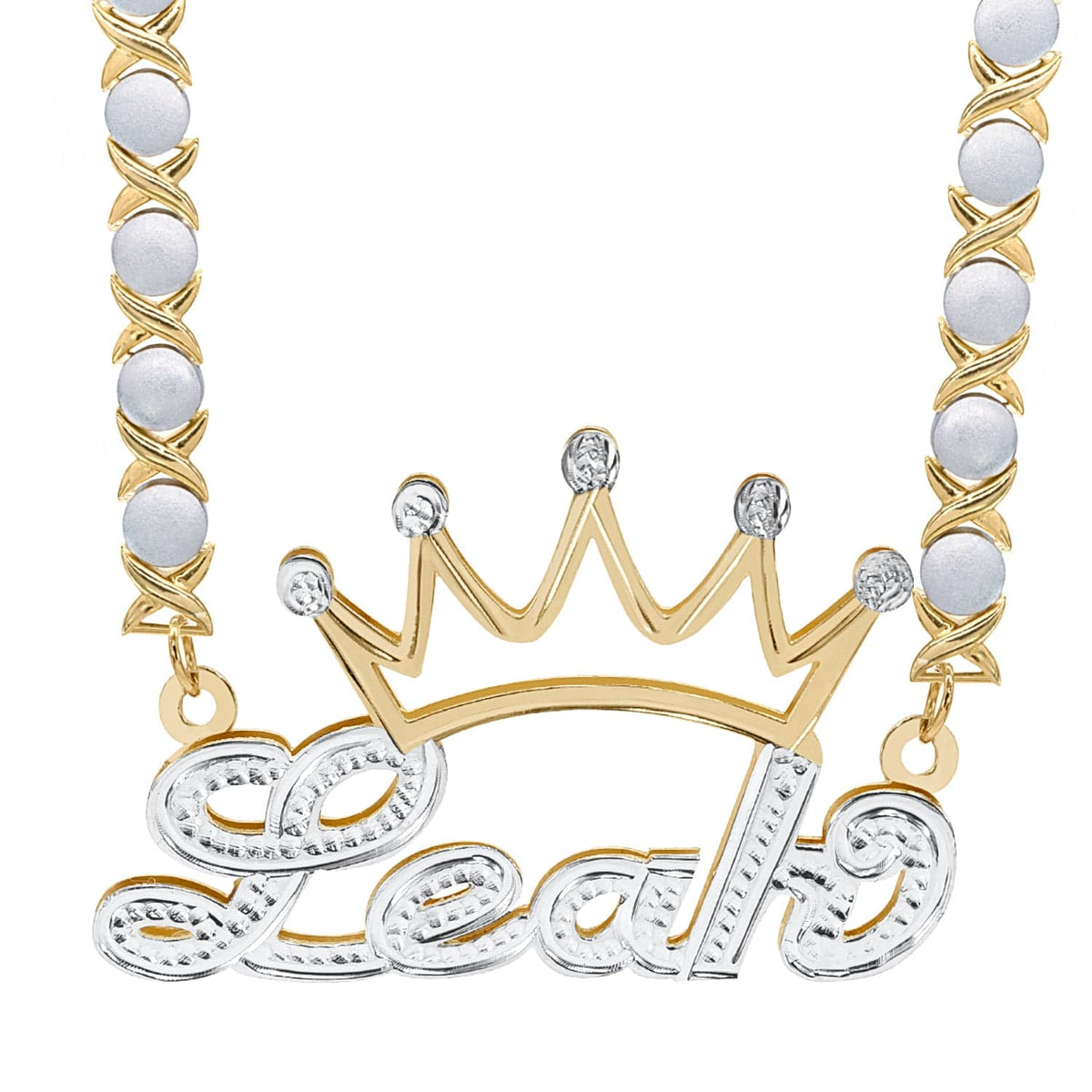 Two-Tone. Sterling Silver / Rhodium Xoxo Chain Copy of Personalized Double Nameplate Necklace with Crown &quot;Leah&quot;