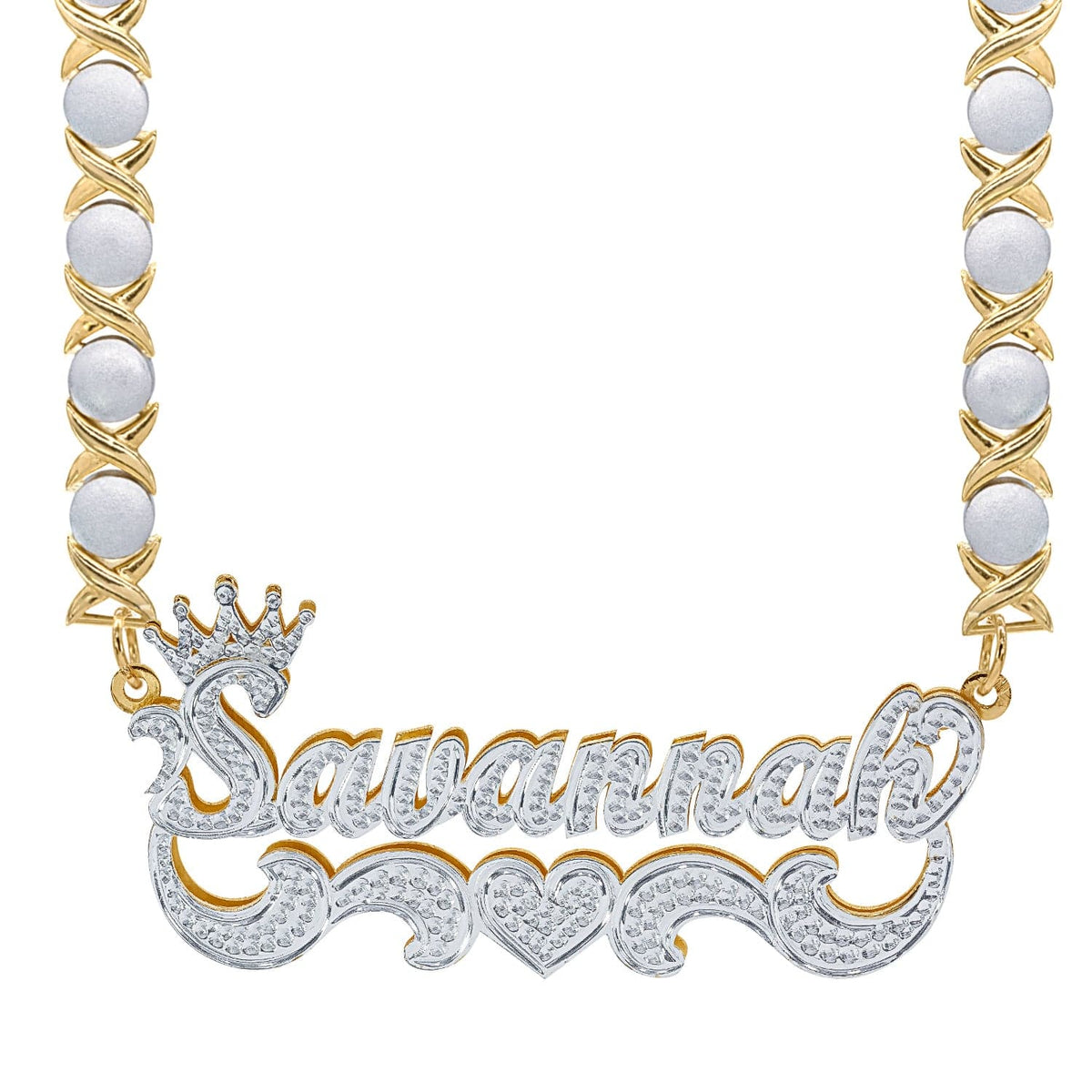 Two-Tone Sterling Silver / Rhodium Xoxo Chain Crown Double Plated Name Necklace &quot;Savannah&quot; with Rhodium Xoxo Chain