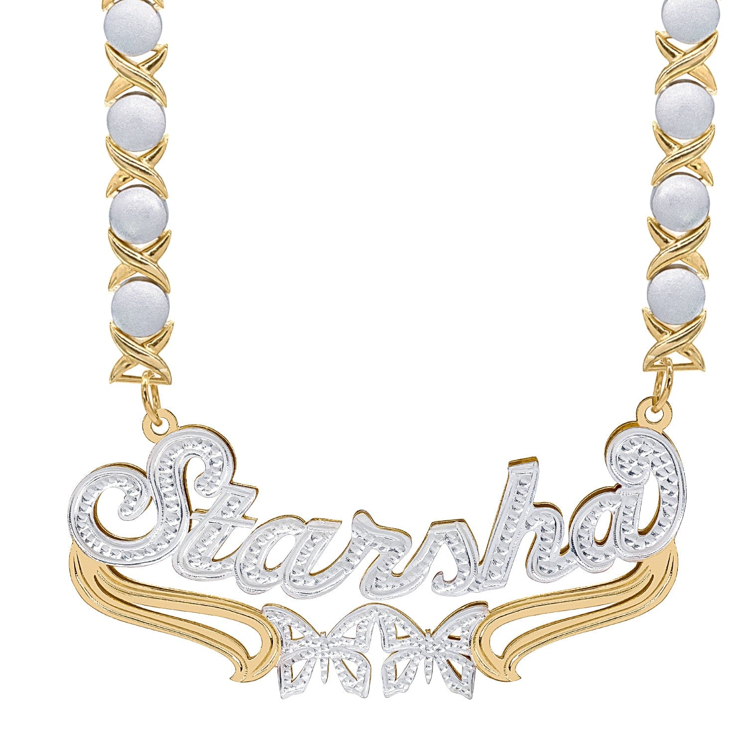 Two-Tone. Sterling Silver / Rhodium Xoxo Chain Custom Double Plated Name Necklace "Starsha" with Rhodium Xoxo Chain