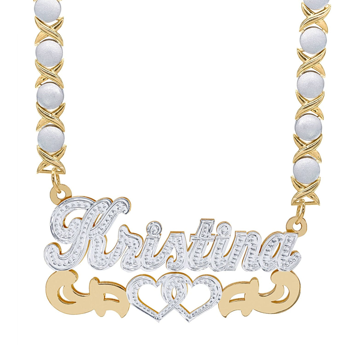 Two-Tone. Sterling Silver / Rhodium Xoxo Chain Double Nameplate Necklace &quot;Kristina&quot; with Rhodium Xoxo Chain