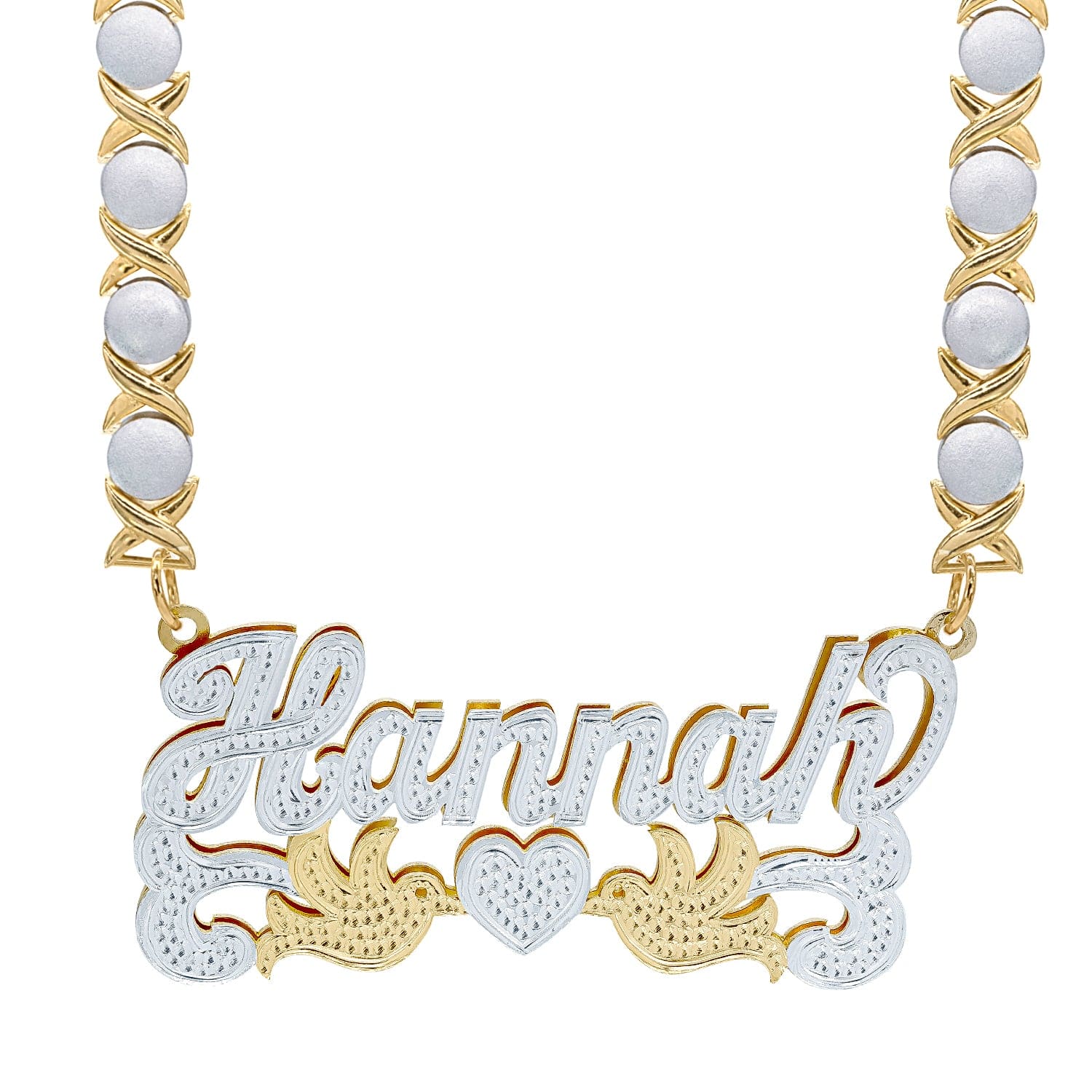 Two-Tone. Sterling Silver / Rhodium Xoxo Chain Double Nameplate Necklace w/ Love Birds "Hannah" with Rhodium Xoxo Chain