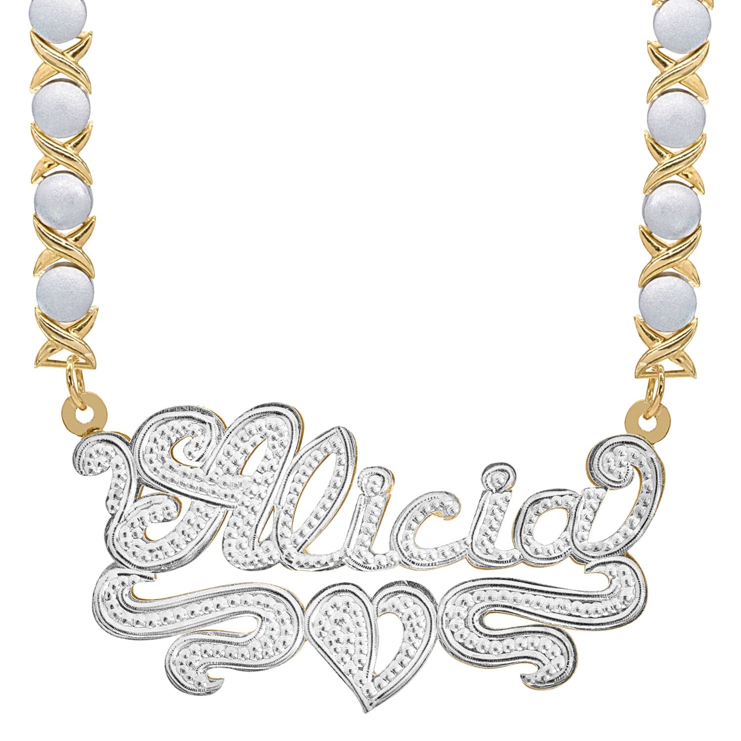 Two-Tone. Sterling Silver / Rhodium Xoxo Chain Double Plated Name Necklace "Alicia" with Rhodium Xoxo