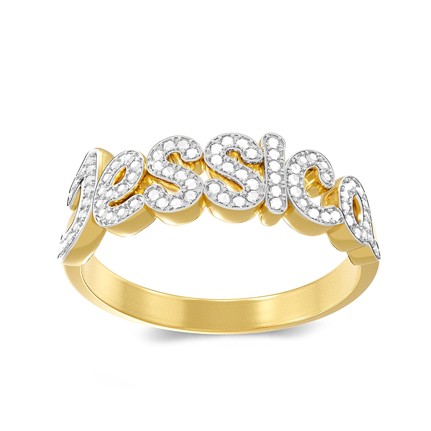 Two-Tone. Sterling Silver Script Name Ring with Cubic Zirconia Stones