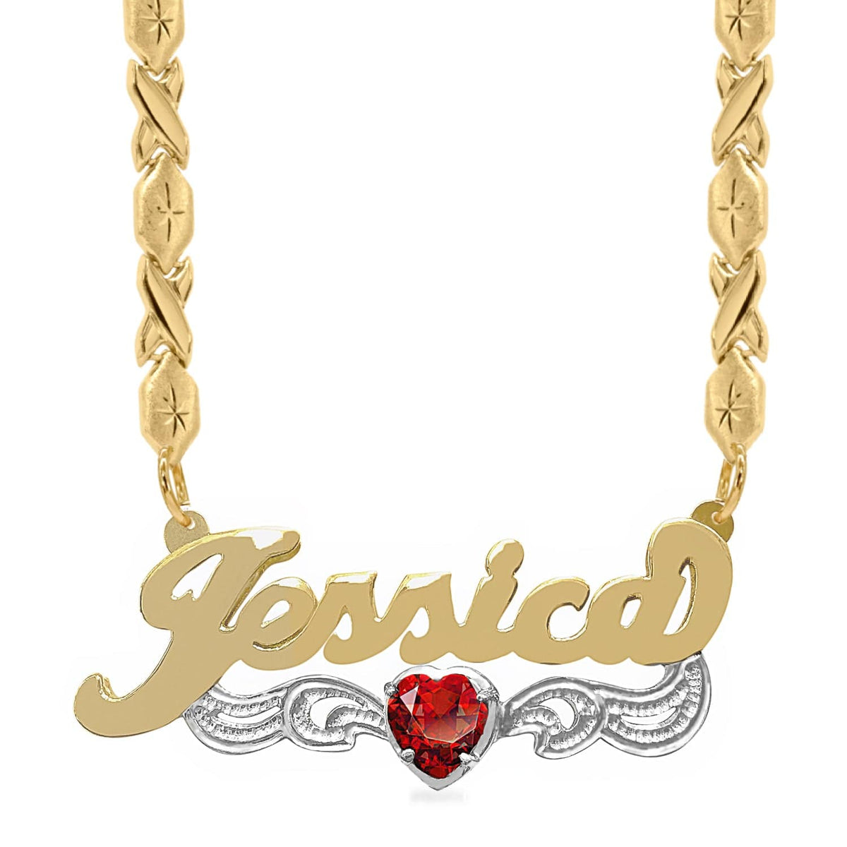 Two-Tone. Sterling Silver / Xoxo Chain Birthstone Heart Rhodium Beaded &quot;Double&quot; Nameplate