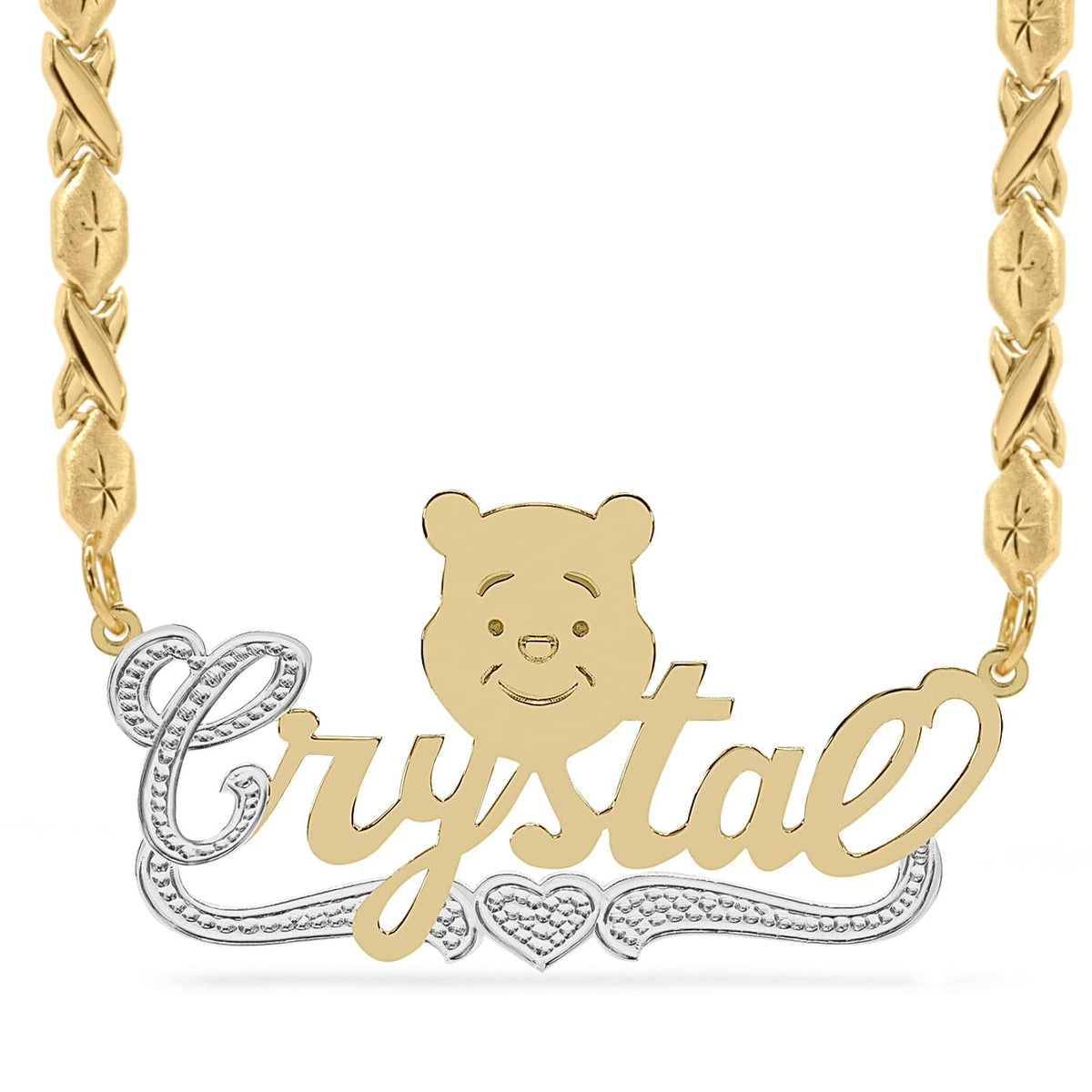 Two-Tone Sterling Silver / Xoxo Chain Cartoon Nameplate Necklace &quot;Crystal&quot;