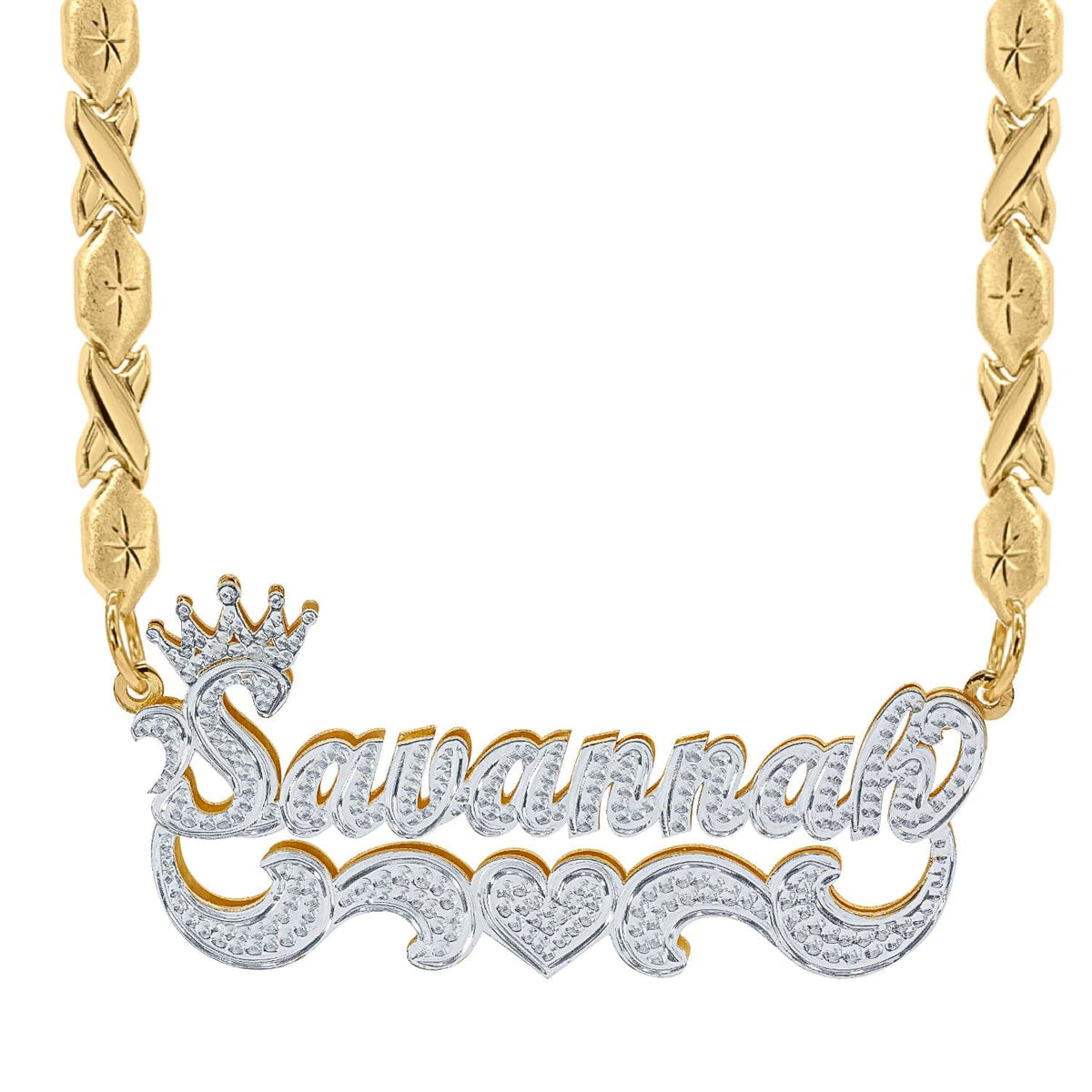 Two-Tone. Sterling Silver / Xoxo Chain Crown Double Plated Name Necklace &quot;Savannah&quot; with Xoxo chain