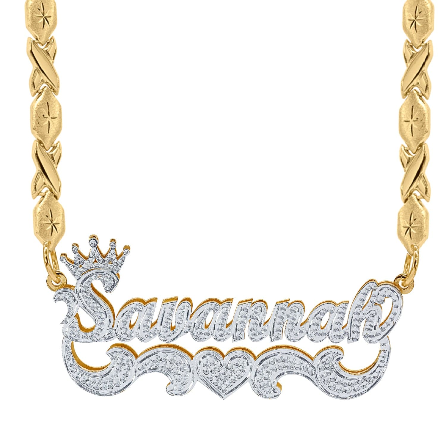 Two-Tone. Sterling Silver / Xoxo Chain Crown Double Plated Name Necklace "Savannah" with Xoxo chain