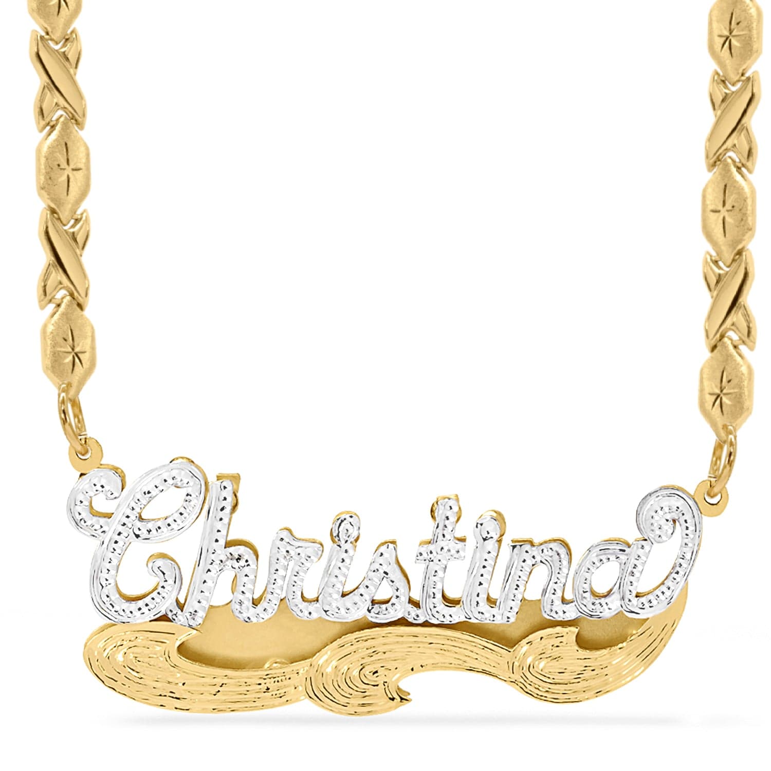 Two-Tone. Sterling Silver / Xoxo Chain Double Name Necklace w/Beading "Christina" with Xoxo chain