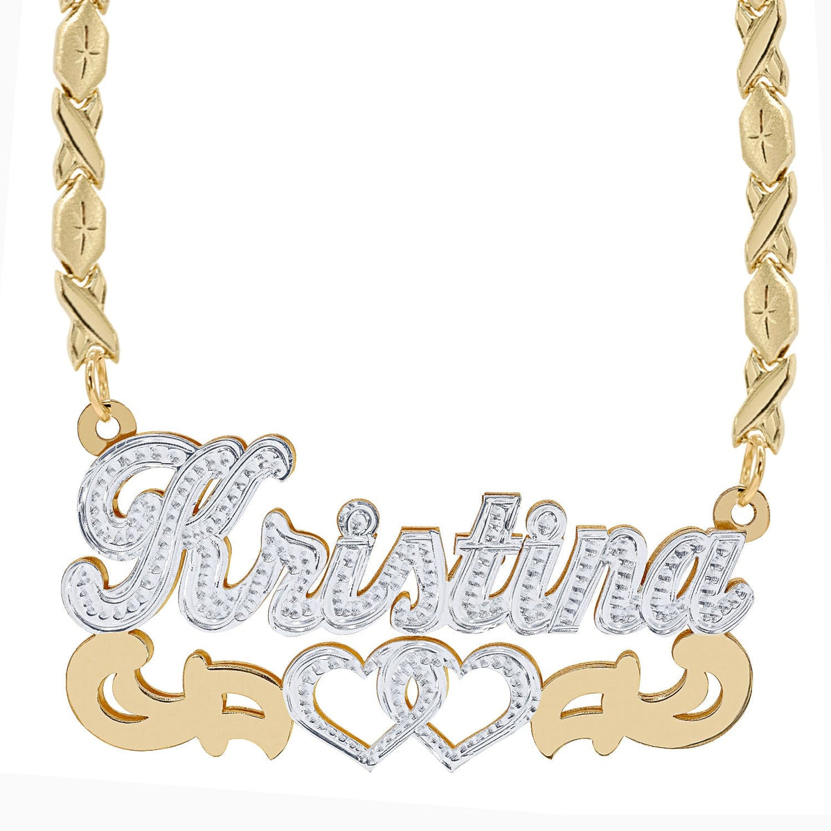 Two-Tone. Sterling Silver / Xoxo Chain Double Nameplate Necklace &quot;Kristina&quot; with Xoxo chain