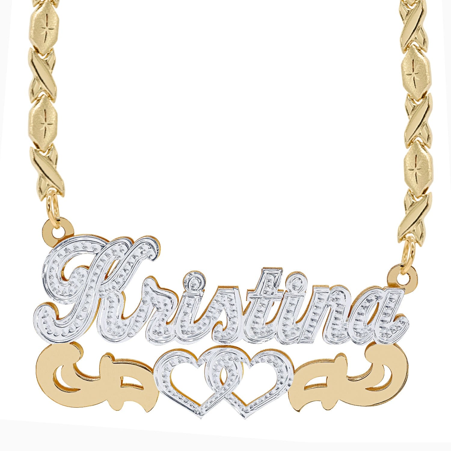 Two-Tone. Sterling Silver / Xoxo Chain Double Nameplate Necklace "Kristina" with Xoxo chain