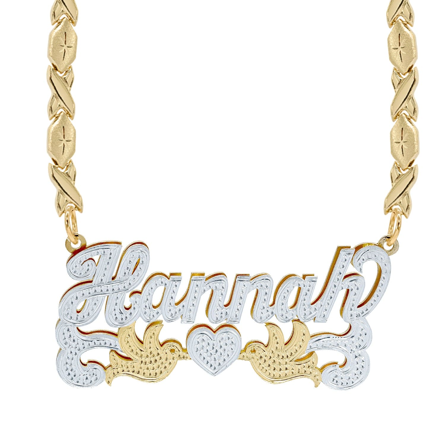Two-Tone. Sterling Silver / Xoxo Chain Double Nameplate Necklace w/ Love Birds "Hannah" with Xoxo chain