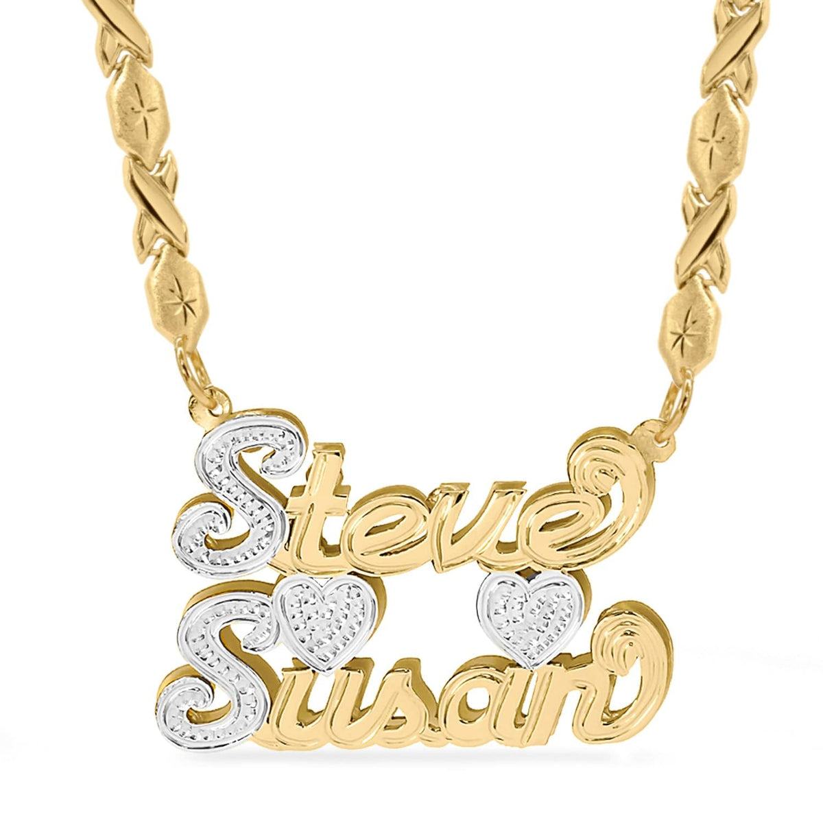 Two-Tone. Sterling Silver / Xoxo Chain Double Plated Couples Name Necklace with Xoxo chain