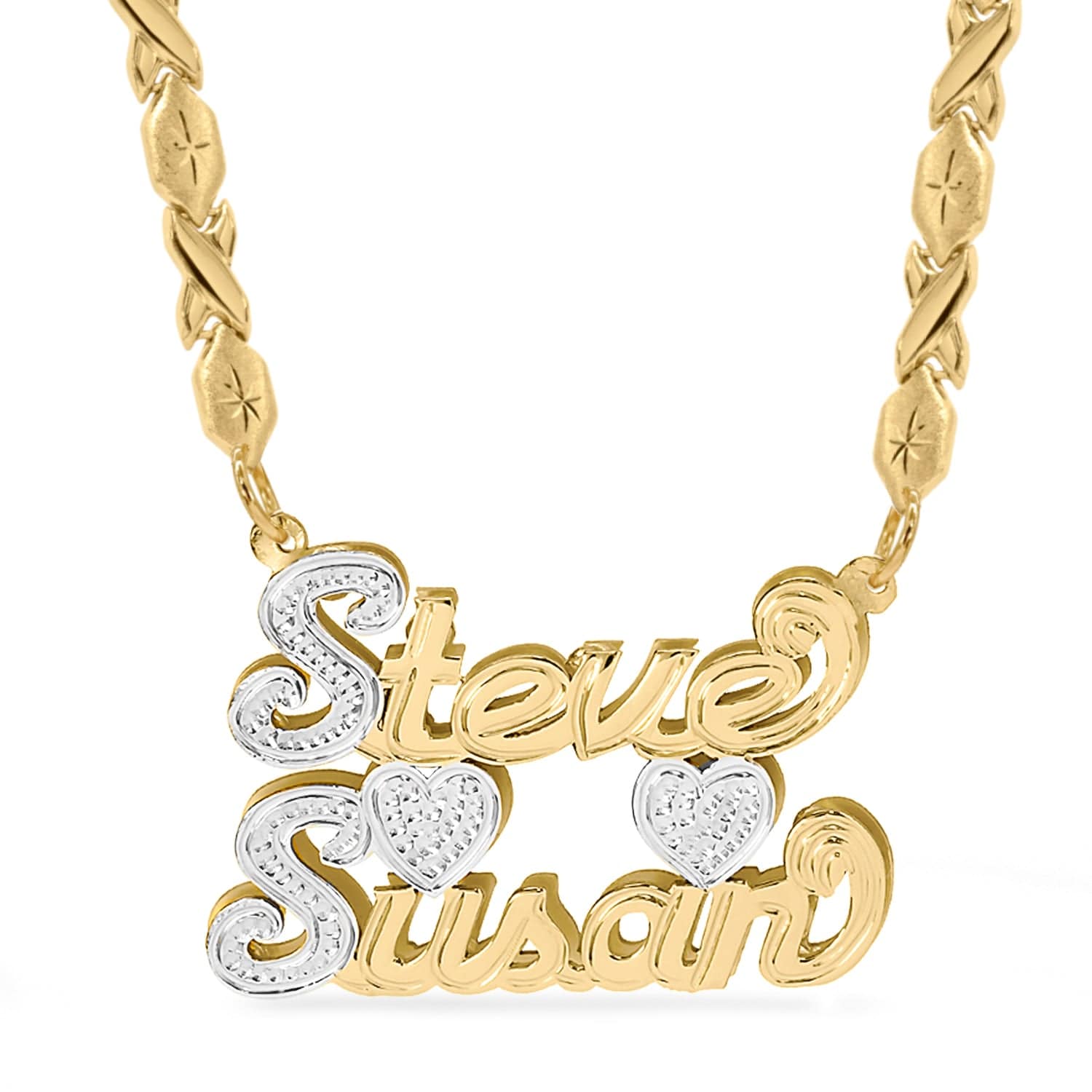 Two-Tone. Sterling Silver / Xoxo Chain Double Plated Couples Name Necklace with Xoxo chain