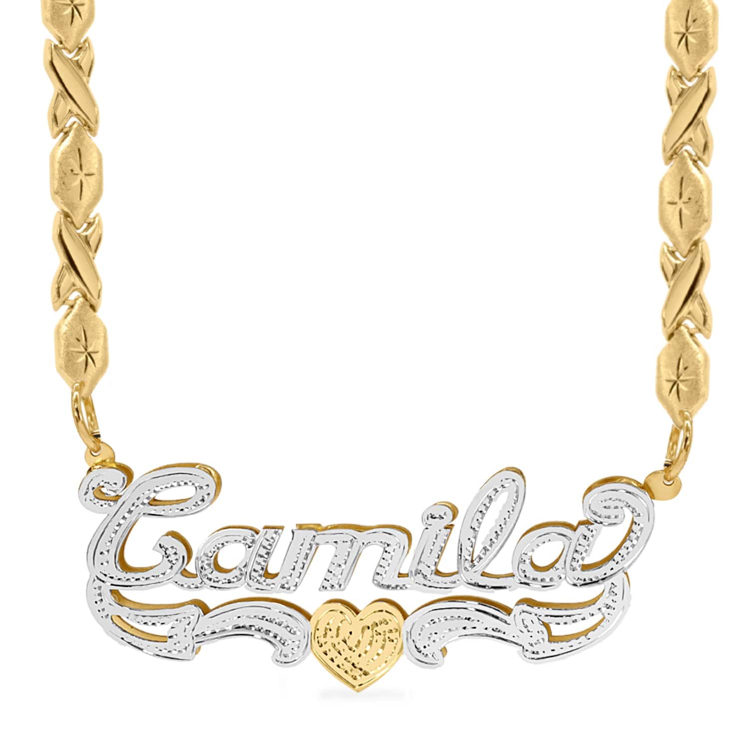 Two-Tone. Sterling Silver / Xoxo Chain Double Plated Name Necklace "Camila" with Xoxo chain