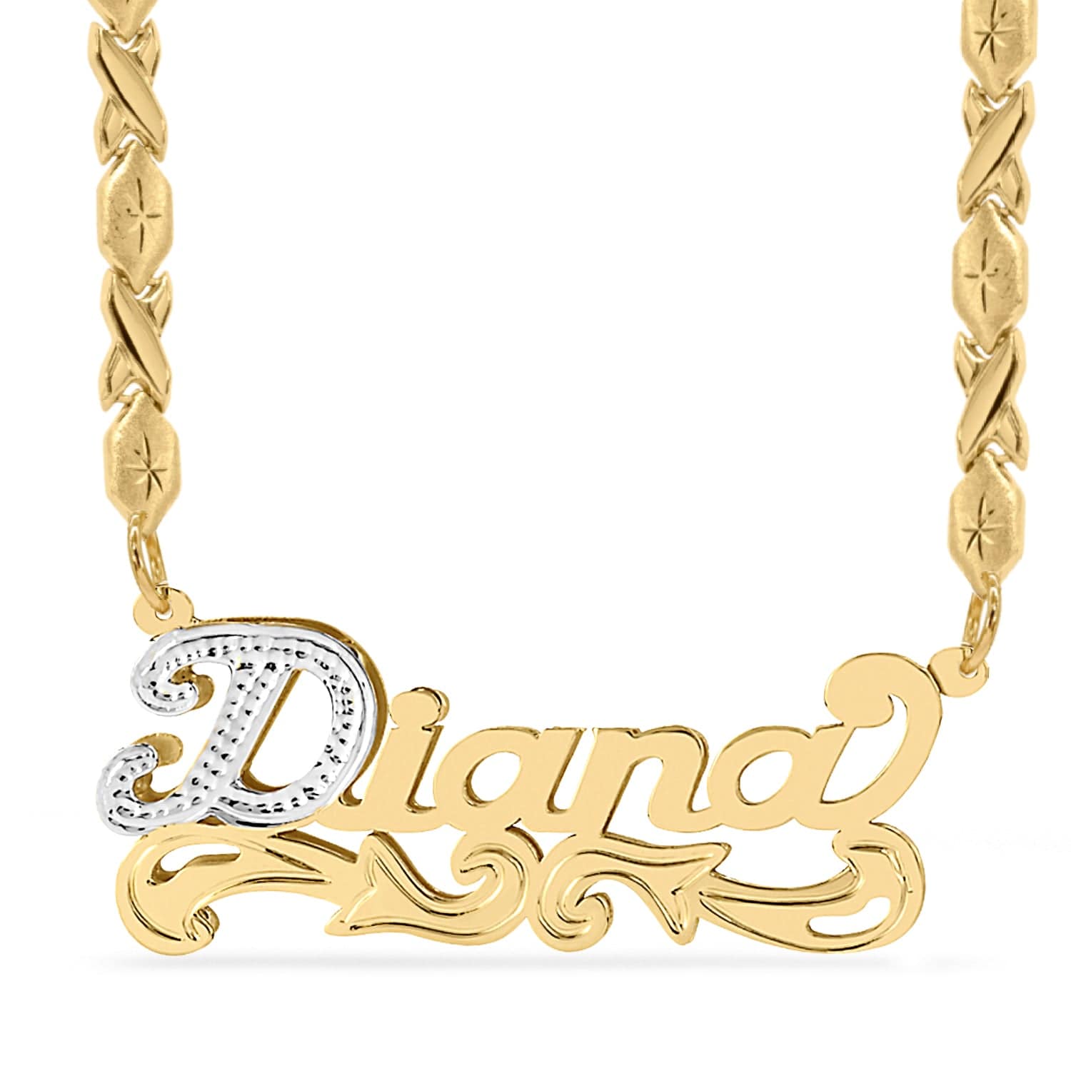 Two-Tone. Sterling Silver / Xoxo Chain Double Plated Nameplate Necklace "Diana" with Xoxo chain