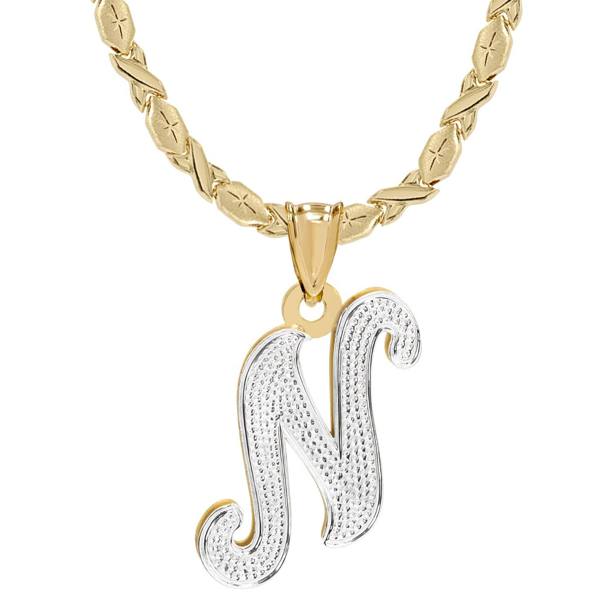 Two-Tone. Sterling Silver / Xoxo Chain Initial Necklace - Double Plated with Beaded Finish